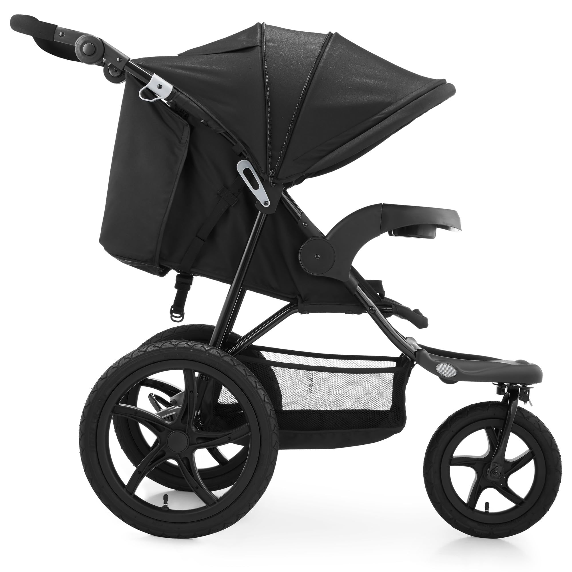 Moby-System Runner Mountain Poussette 3 Roues Pliable Compacte - Ceinture 5 Points, Panier de Rangement, Toit Réglable avec Fenêtre - Pour Enfants jusqu'à 15 kg - Noir
