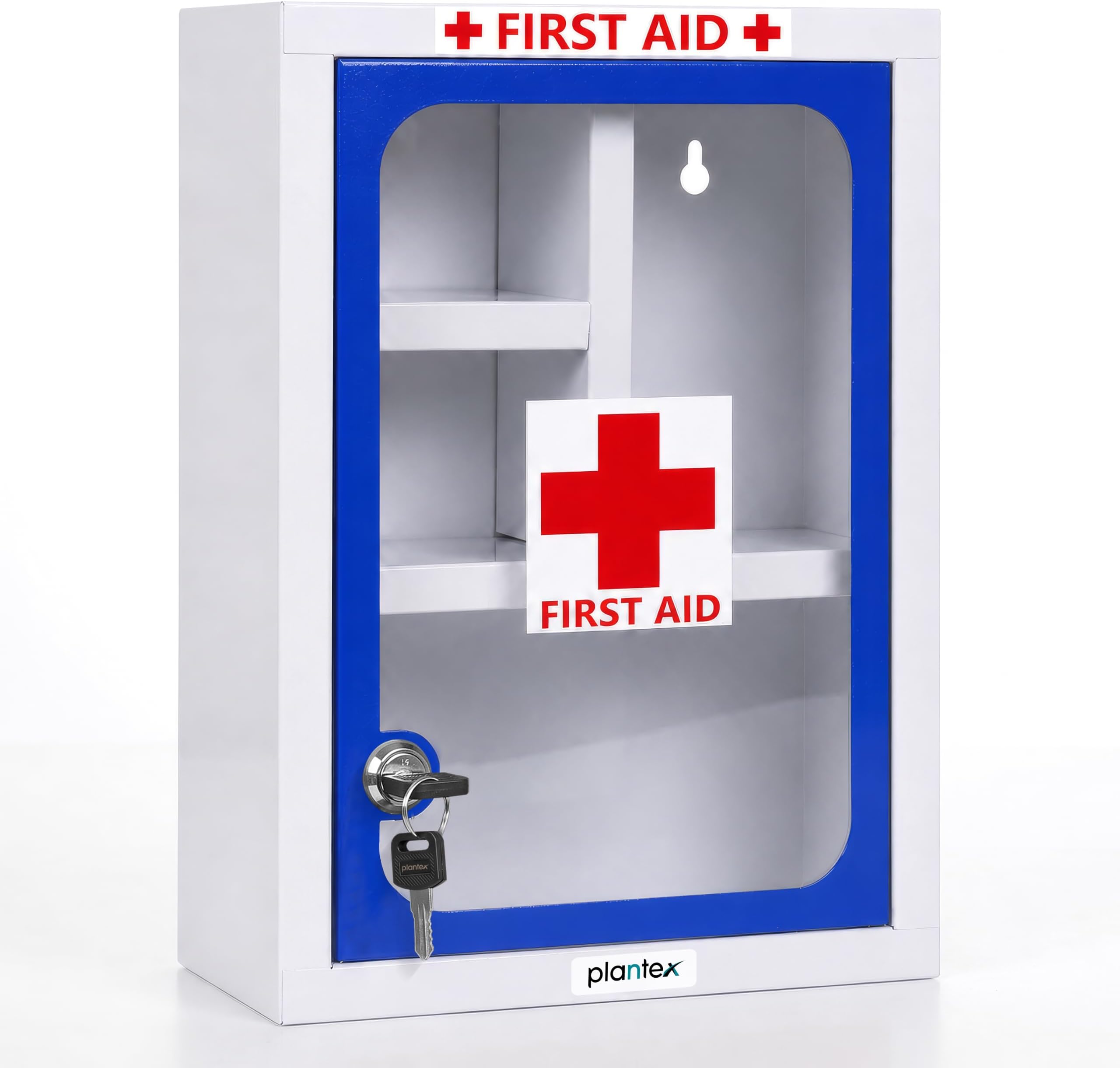Plantex First Aid Box/Emergency Medicine Storage Box/First Aid Kit Box/Medical Box for Home, School & Office/Lockable with Multi Compartment - (Blue & White) – Big Size Wall Mount – Metal