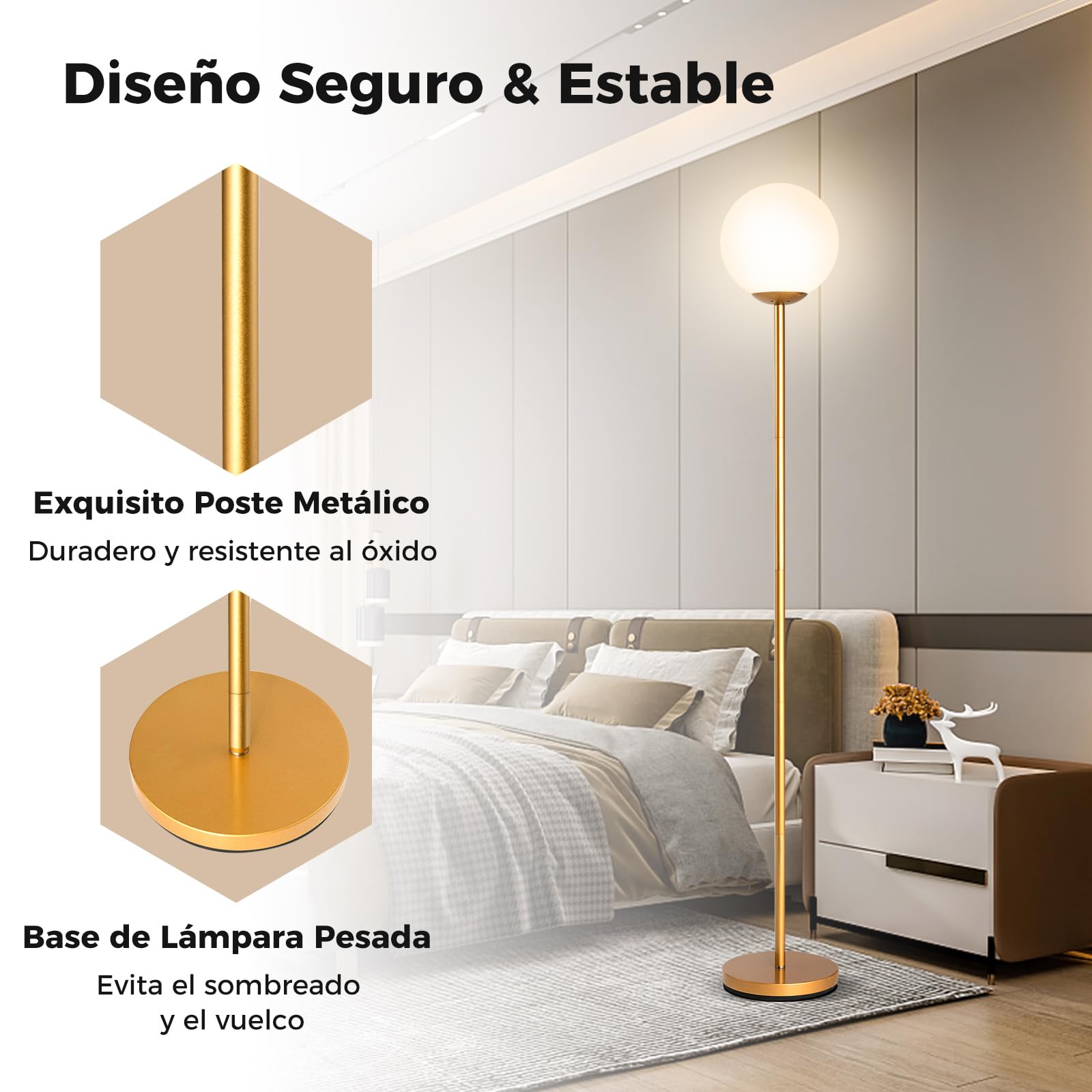 COSTWAY Lámpara de Pie Moderna 165 cm, Lámparas de Suelo Altas con Pantalla de Cristal y Base Pesada, Interruptor de Pie, Lámpara de Pie Lectura para Salón, Dormitorio, Dorado(E27 Bobilla No Incluida)