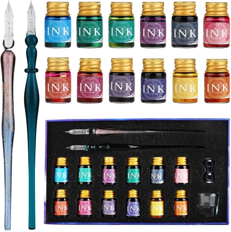 GC Glass Dip Pen Set - 2 Glass Dip Pens, 12 Multicoloured Ink, 1 Pen Holder and 1 Cleansing Cup - for Greeting Cards, Poster Cards, Signatures, Calligraphy, Drawing, Writing, Decoration and Gift GC-16