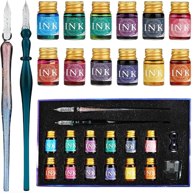 GC Glass Dip Pen Set - 2 Glass Dip Pens, 12 Multicoloured Ink, 1 Pen Holder and 1 Cleansing Cup - for Greeting Cards, Poster Cards, Signatures, Calligraphy, Drawing, Writing, Decoration and Gift GC-16