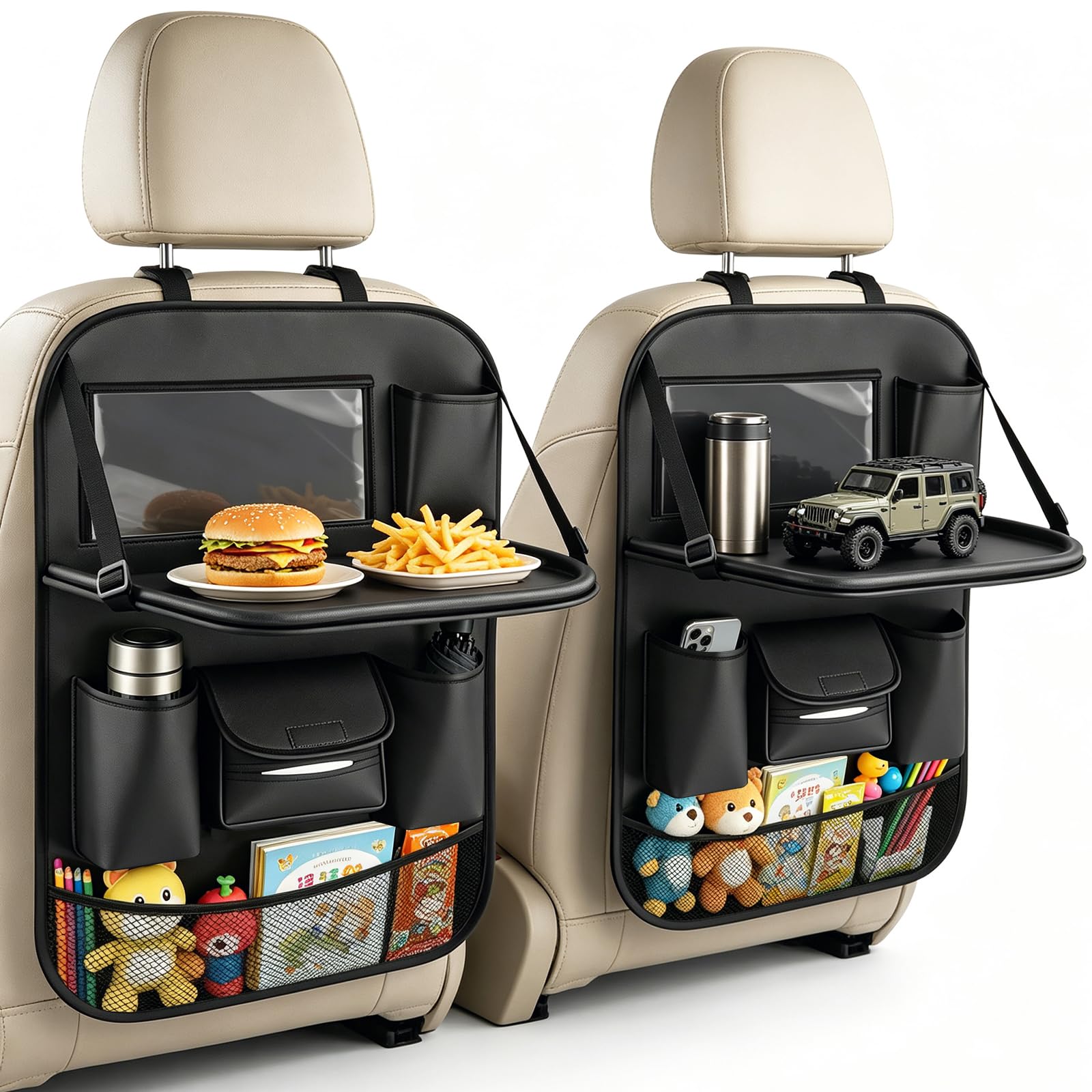 Les-Theresa Car Seat Organiser, Car Organiser Back Seat with Foldable Dining Table and Many Pockets Car Seat Back Protector, Car Backseat Tray for Toys Snacks Travel Essentials (Black-2Pcs)