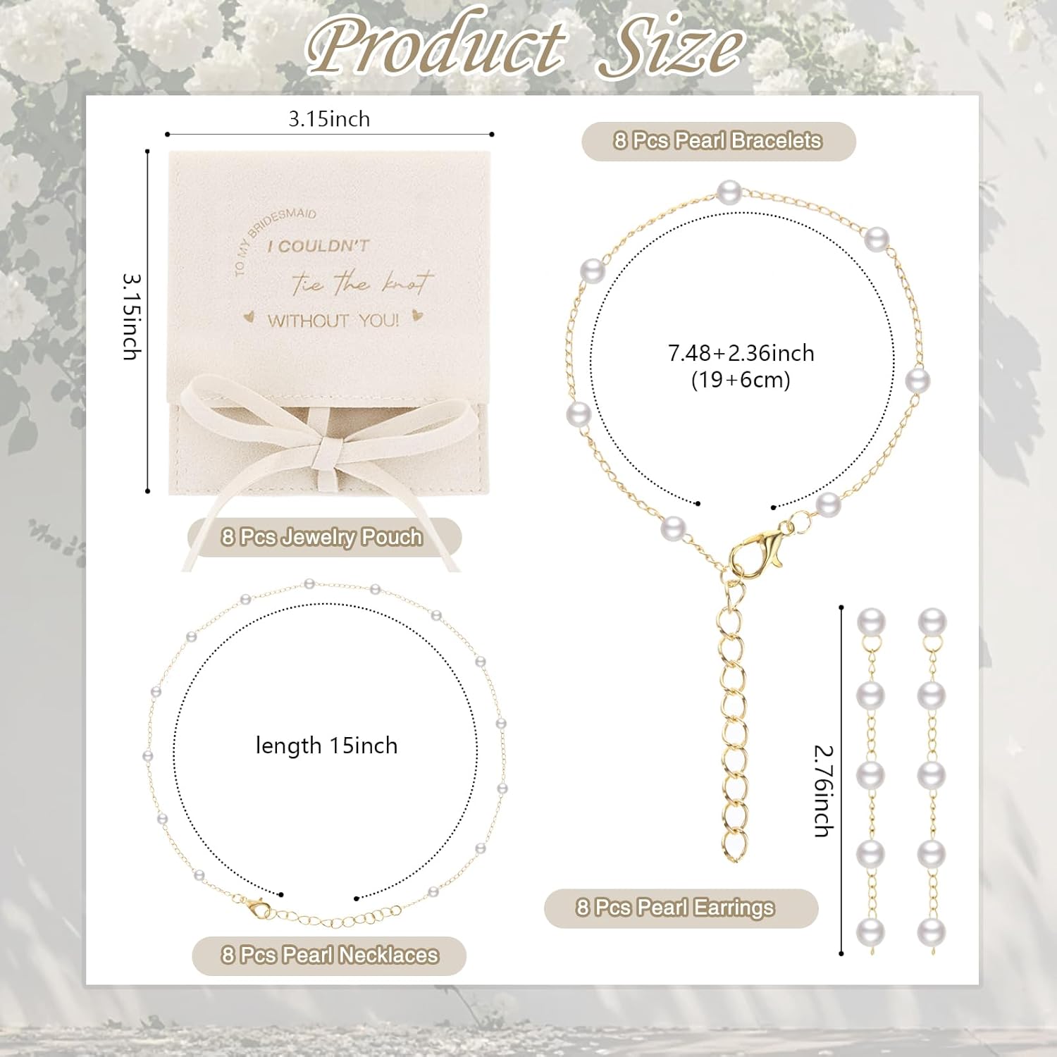 Quelay 32 Pcs 8 Sets Bridesmaids Plated Pearl Jewelry Gold Adjustable Necklace Set with Bracelet, Earrings and Jewelry Pouch for Women Wedding Bride Shower Gift - Image 2