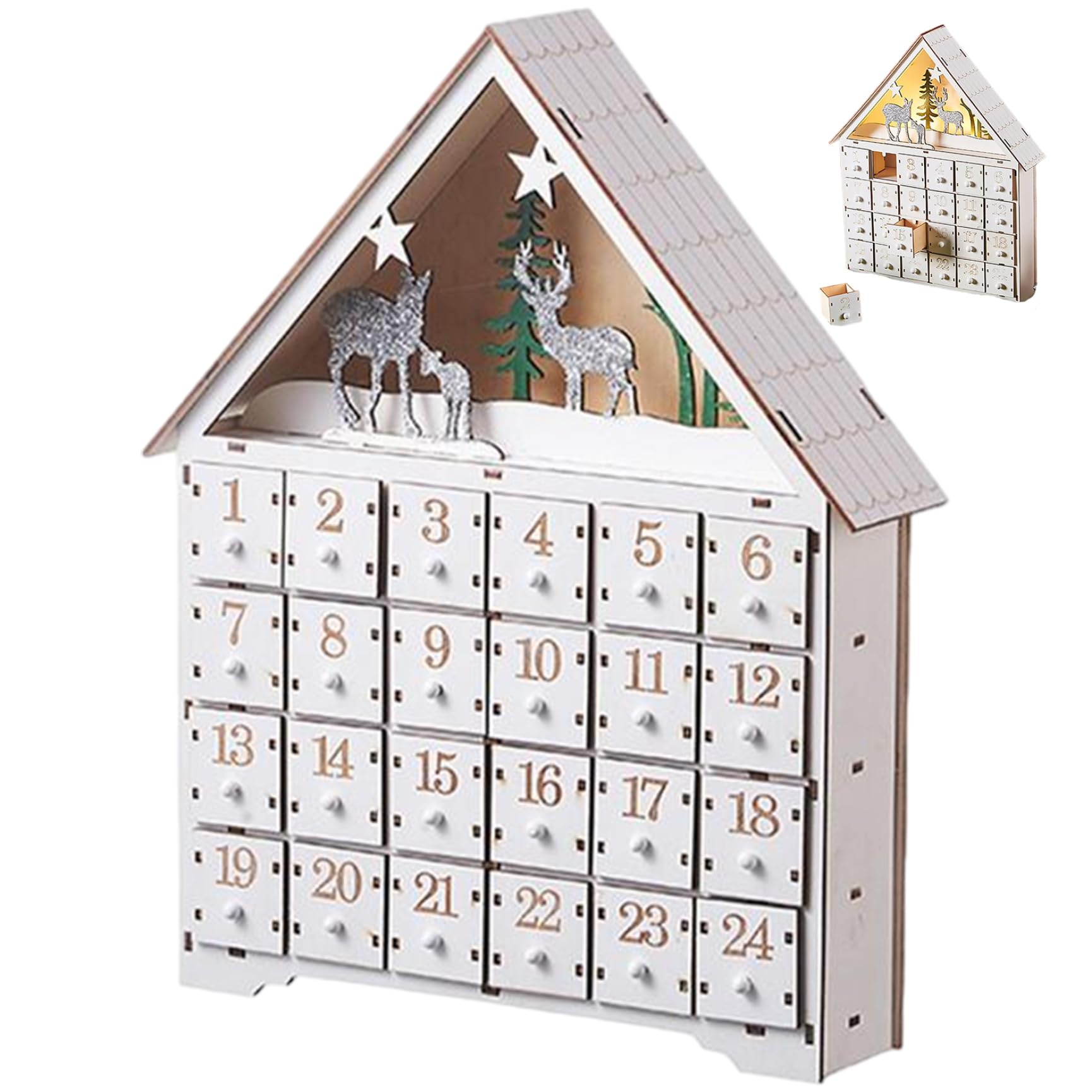 Gcroet Calendario dell'Avvento in Legno con cassetti e luci a LED. Conto alla rovescia di 24 Giorni. Calendari dell'Avvento Vuoti da riempire per Le Decorazioni Natalizie..