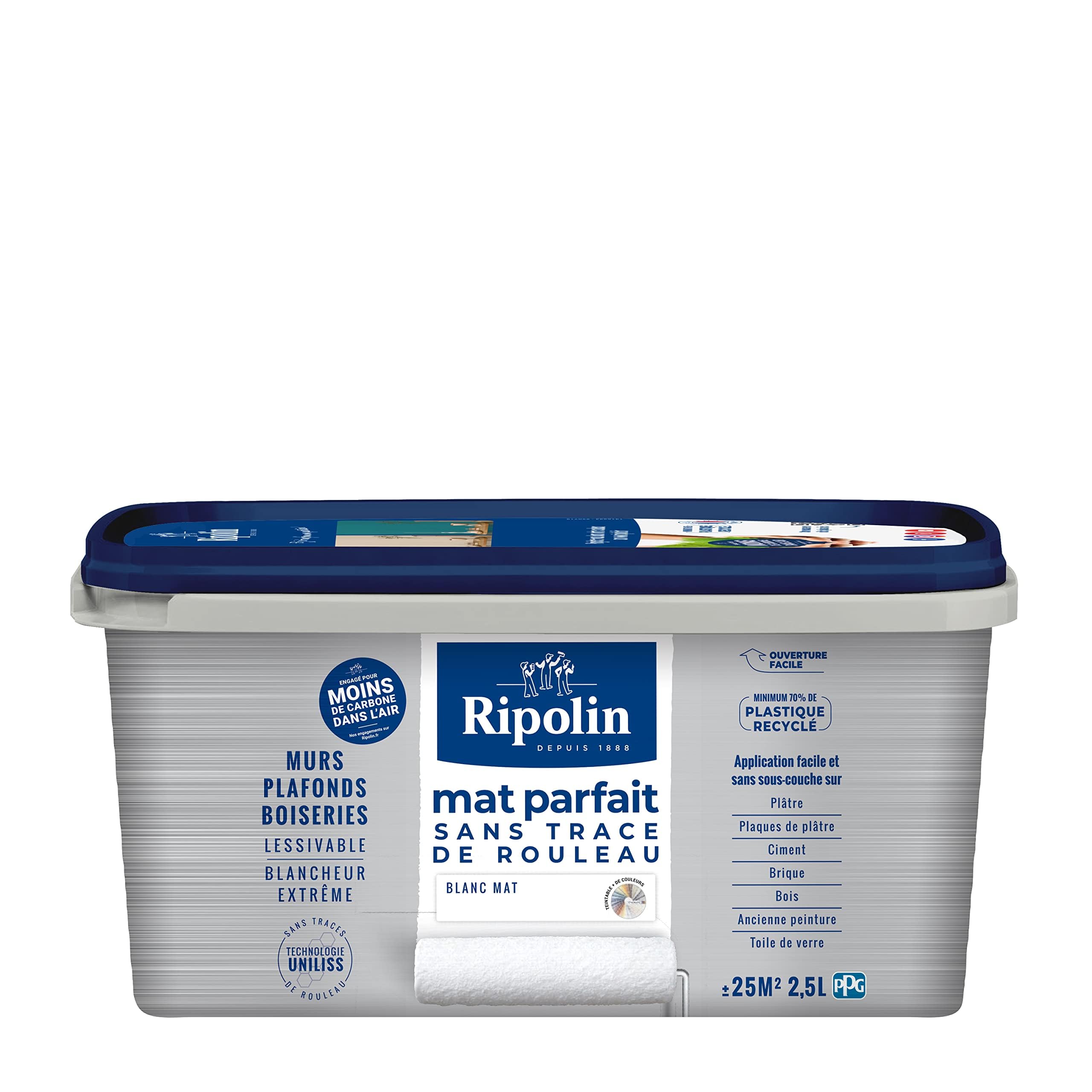 RIPOLIN Mat Parfait - Peinture intérieure pour Murs & Plafonds - Blancheur Extrême - Sans Trace de Rouleau - Technologie UNILISS - Lessivable - Mat - 2,5L - Blanc
