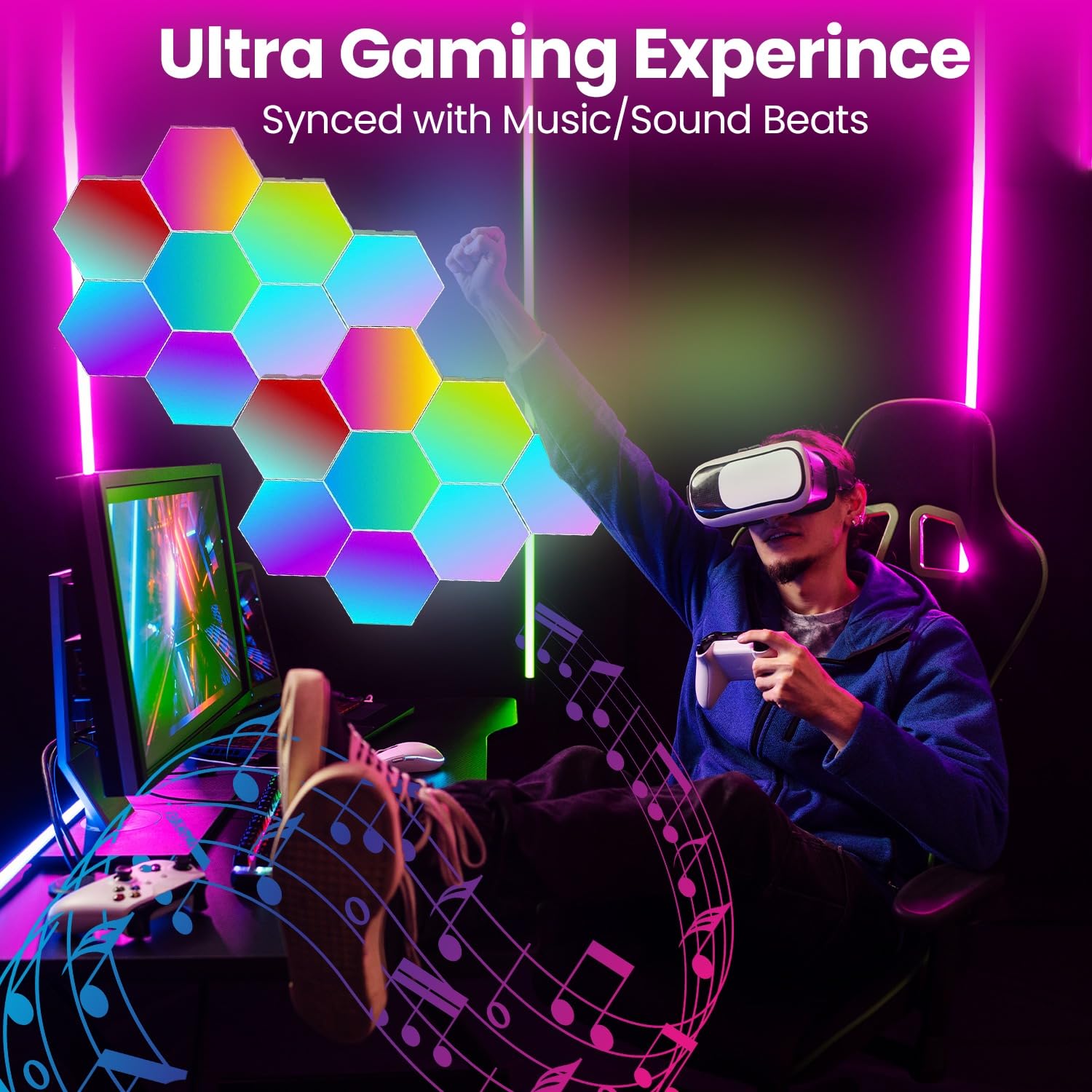 Paquete de 16 luces LED hexagonales RGB, paneles de pared con aplicación y control remoto, sincronización de música, juegos, sala de estar, dormitorio