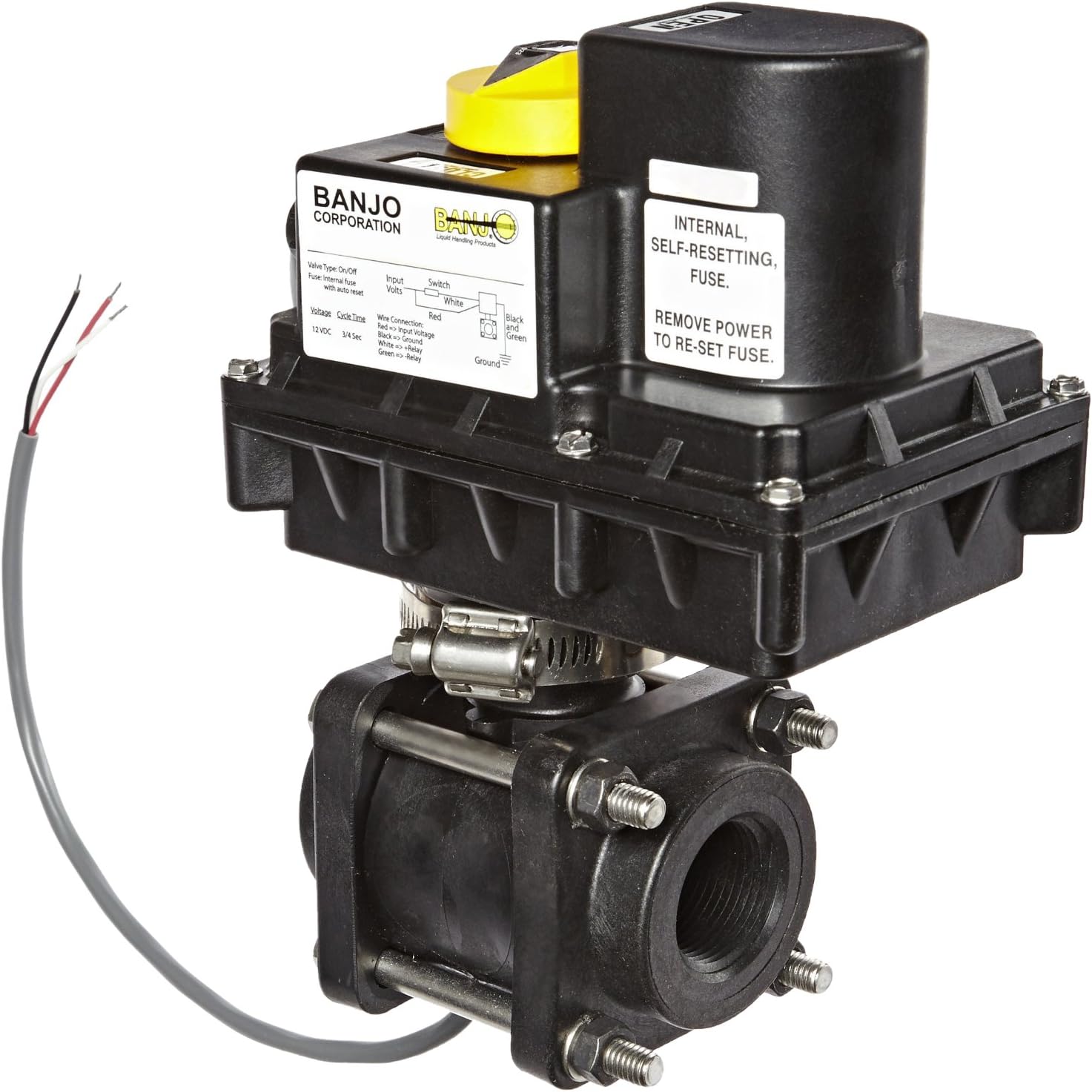 Banjo EV075 Polypropylene Electronic Actuated Ball Valve, 12VDC, Full Port, 3/4" NPT Female