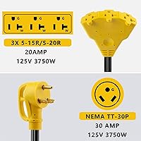 Vista 2 de Adaptador de 30 Amperios a 20 Amperios 110V Adaptador de Distribución para RV, NEMA TT-30P Macho a 3X 5-15R/5-20R Hembra, Toma Doméstica