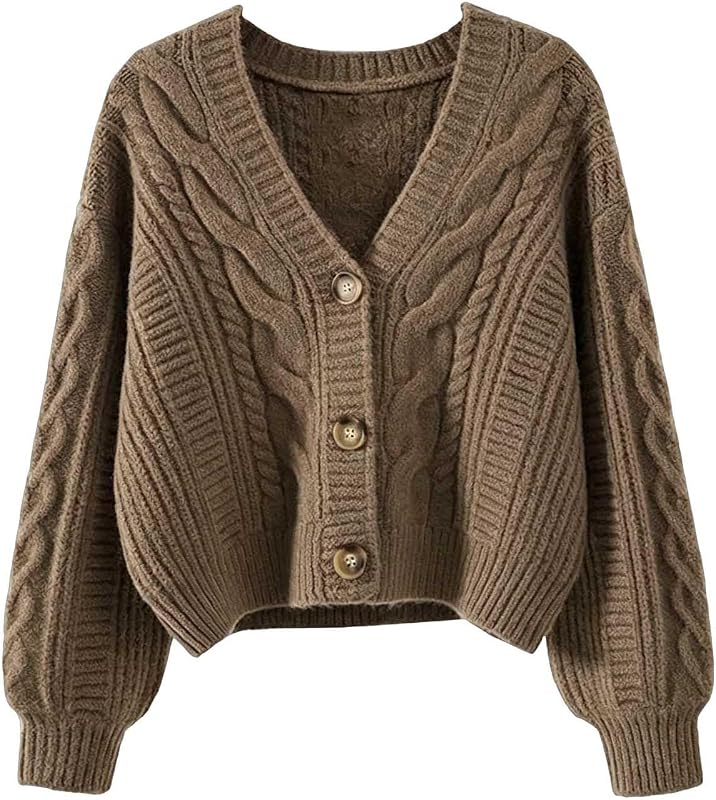 Womens Cable Knit V Neck Cardigan Bubble Sleeve Cropped Sweater