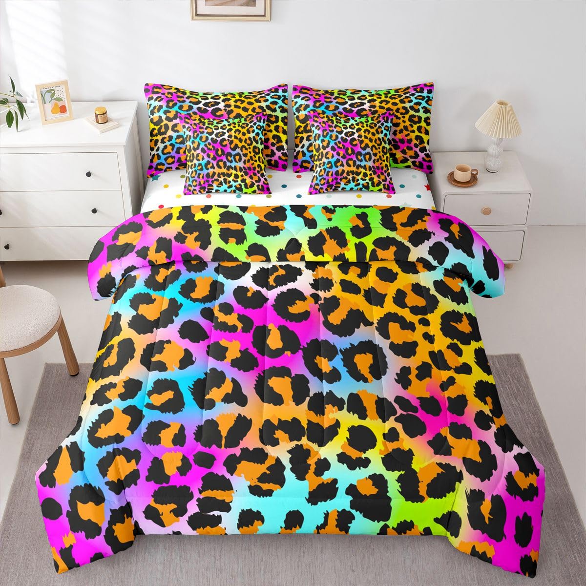 Feelyou Leopard 7 PCS Comforter & Sheets Girls Kids Women Neon Rainbow Leopard Fur 7 PCS Bed in a Bag Set Mottled Exotic Panthera Skin Bed in a Bag