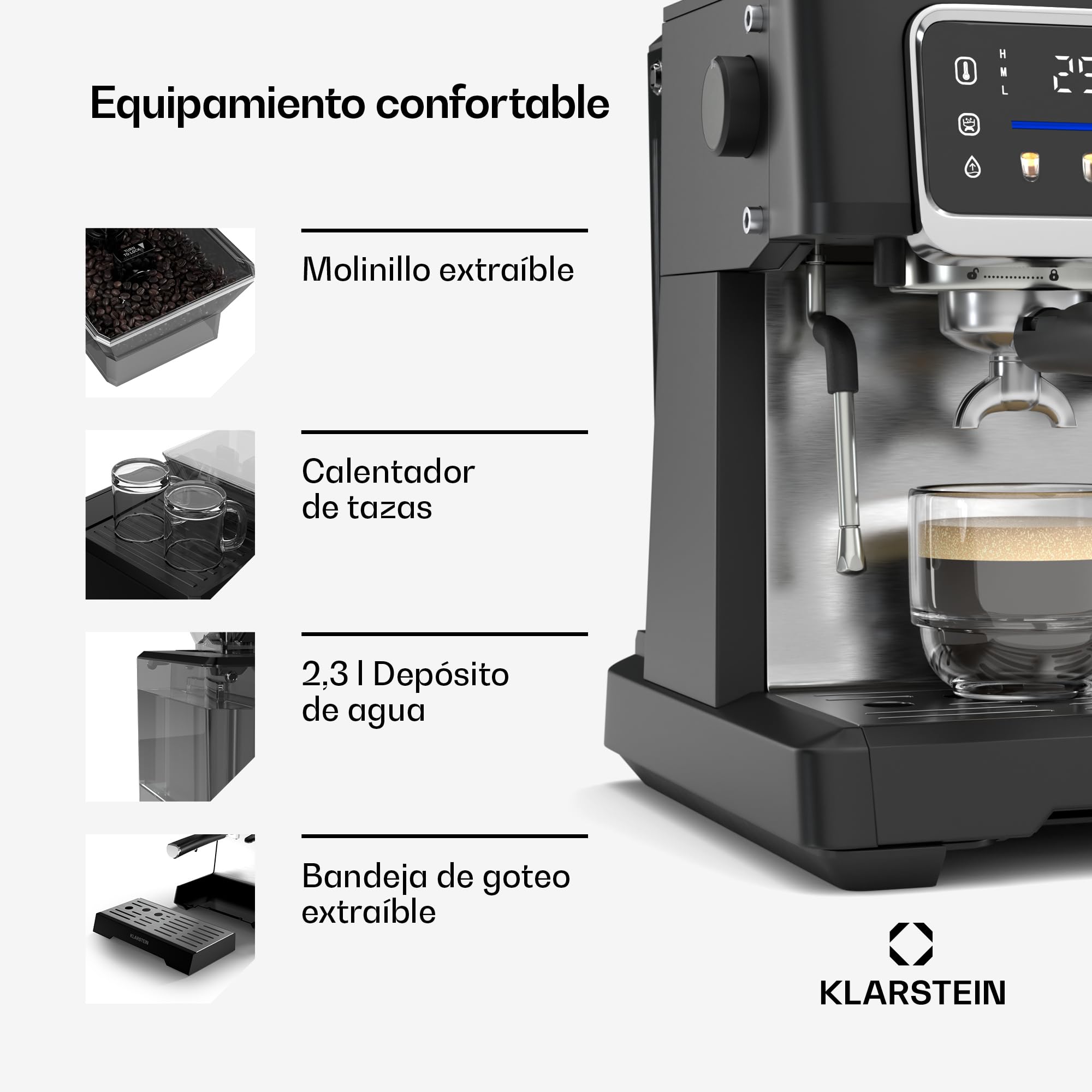 Klarstein GrandPresso Touch Cafetera Exprés 20 Bares - Pantalla Táctil, Molinillo Integrado, 2,3L, Boquilla de Vapor, Acero Inoxidable, Negra, Cafetera Espresso