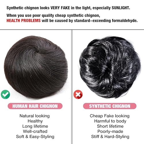 Miniatura 4 de Bella Hair Extensión de moño 100% humano en forma de dona, extensiones de moño para mujeres y hombres, coleteros falsos instantáneos (#1B negro