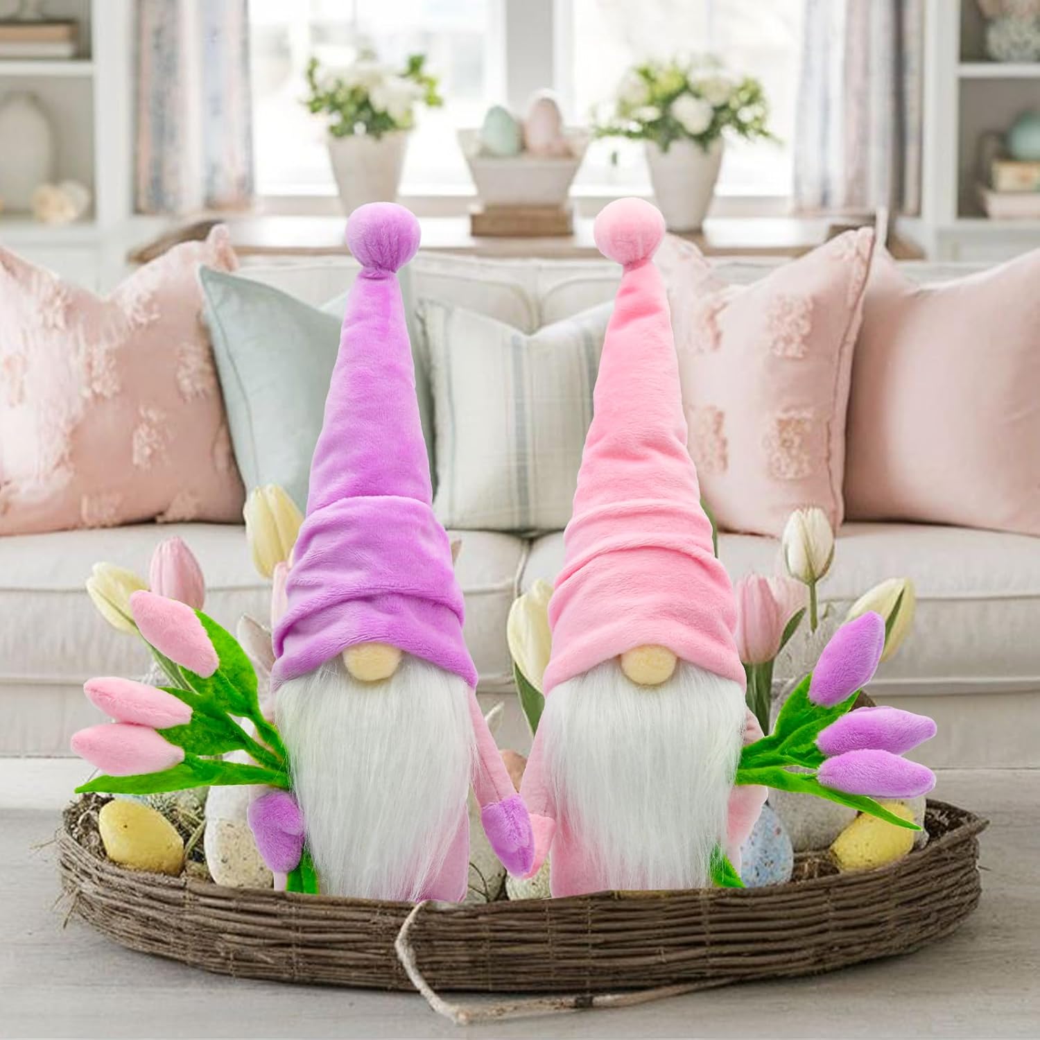 Tulip Gnomes Spring Decor Indoor- Mothers Day Decorations Gifts Gnome Plush for Kitchen, Tiered Tray or Shelf- Spring Farmhouse Decor