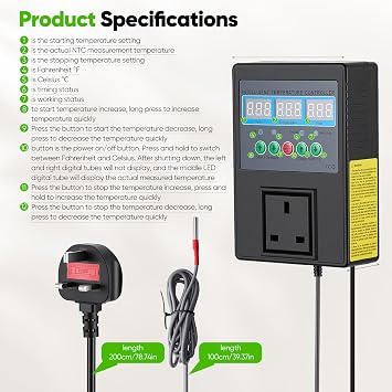 Digital Temperature Controller 15A 3300W, Heating Cooling Thermostat Controlled Outlet Socket with Waterproof Sensor Probe for Reptile Brewing, Greenhouse, Fermentation, Breeding, Incubation