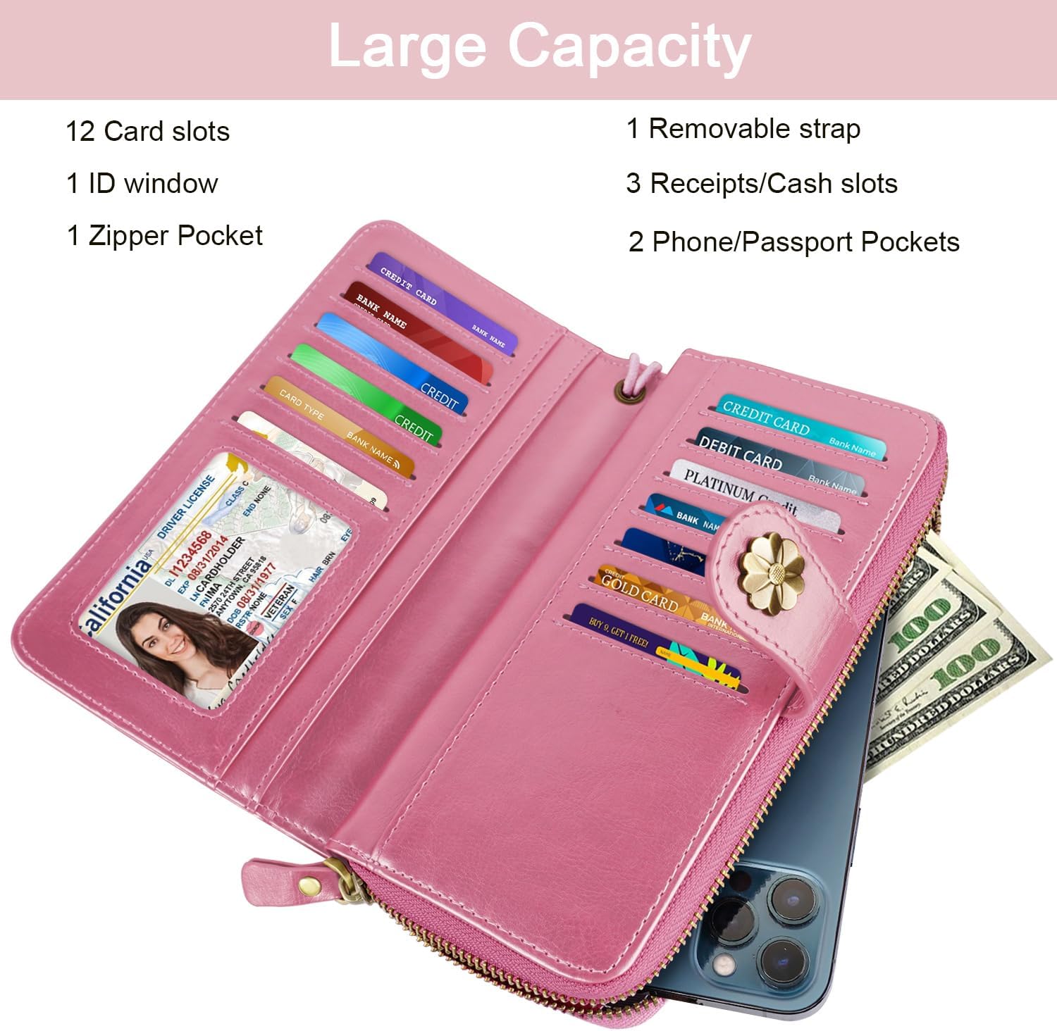 Wallets for Women Multi Card Holder Wallet Clutch Wallet Card Holder Organizer Ladies Purse with Wrist strap Purse - Image 3