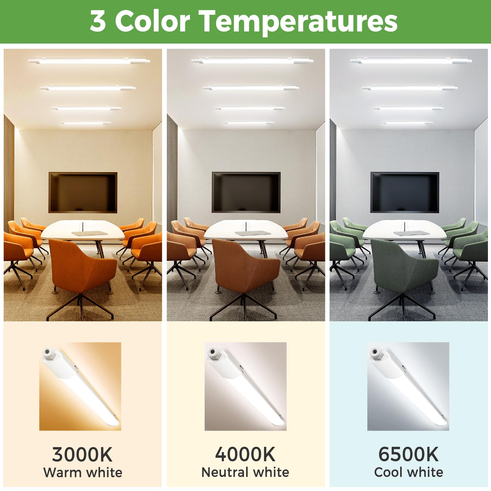 zemty 3FT LED Batten Lights 24W 2640LM Super Bright, 3000/4000/6500K Selectable Ceiling Mount Tube Lights - Image 3