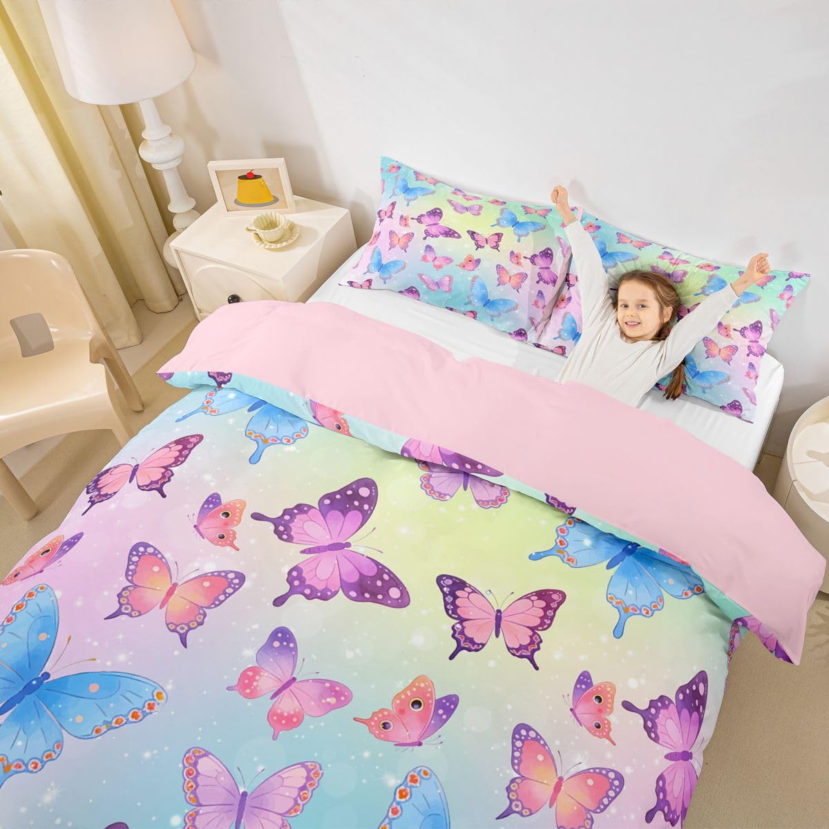 Homewish Set di biancheria da letto super king size per bambini, ragazzi e adulti, con copripiumino con farfalle blu e viola, elegante set di biancheria da letto sfumato con stelle
