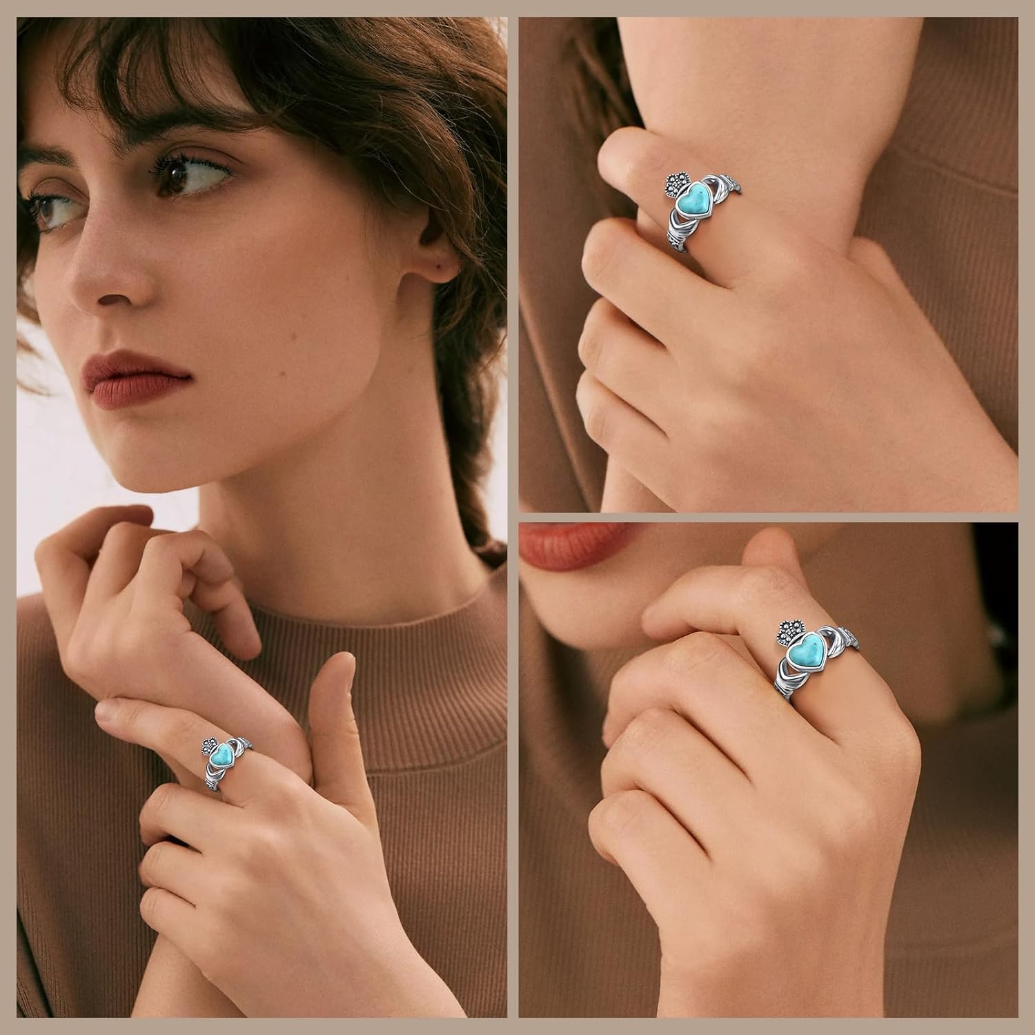 Heart Turquoise Claddagh Rings 925 Sterling Silver Celtic Knot Ring Turquoise Rings for Women Statement Engagement Ring December Birthstone Irish Jewelry Gifts Fit Women Size 9 - Image 7