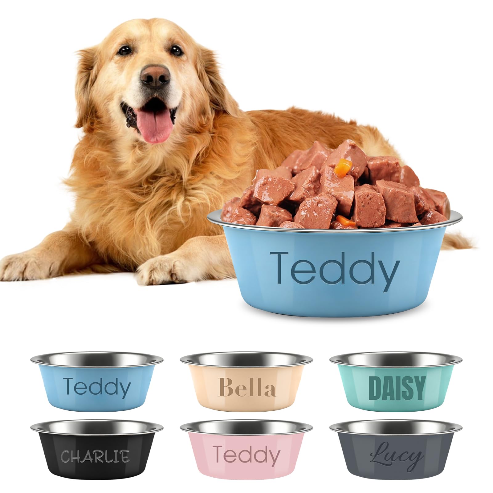 Personalised Stainless Steel Dog Bowls, Customizable Pet Names, Anti-Slip Mats, Printed Pet Bowls, Pet Supplies, Water Dispensers and Food Bowls (Blue)