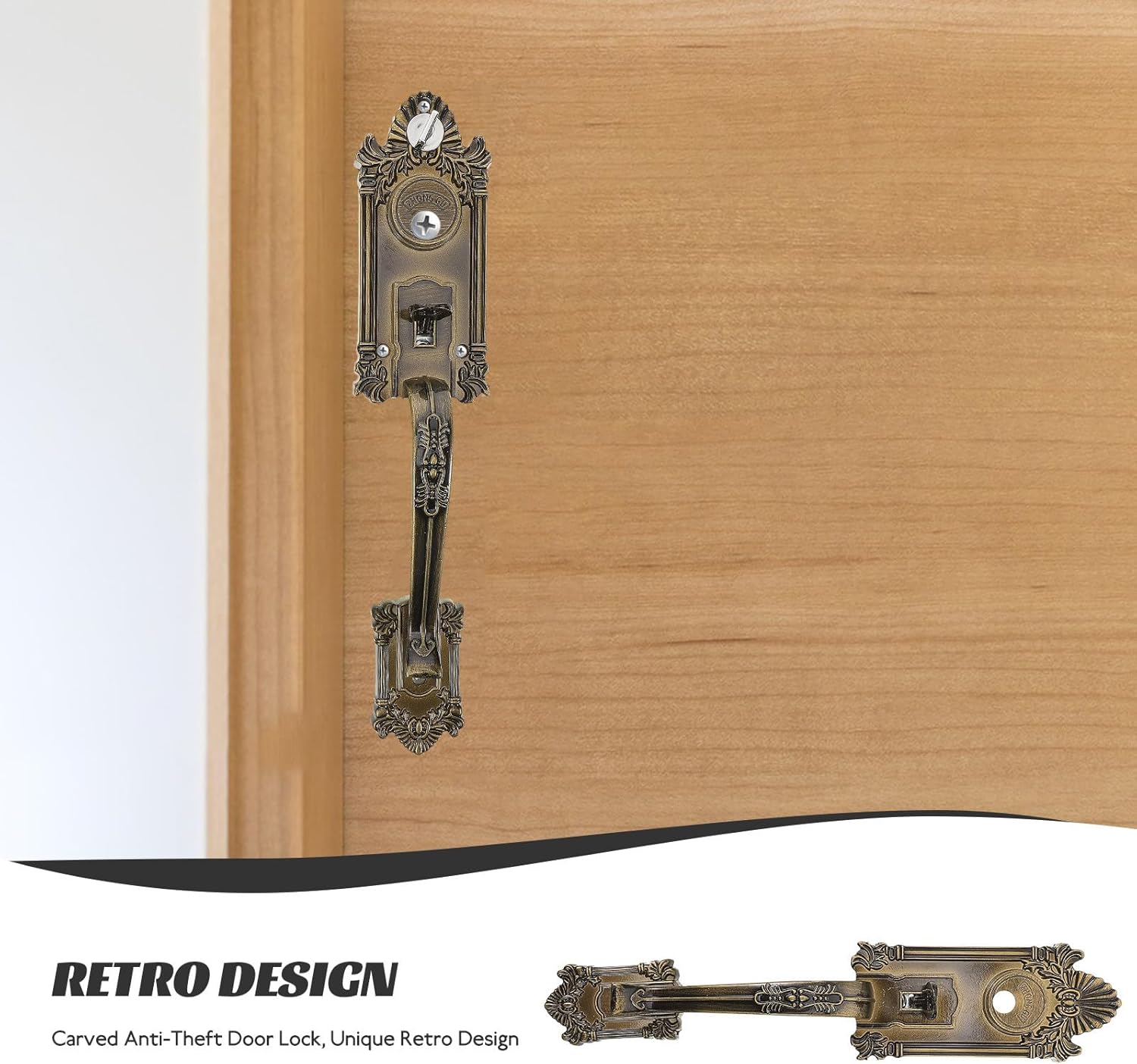 Vintage Door Handle Lock Set, Zinc Alloy Front Door Safety Handle with Press Lever, Bow-Shaped Aluminum Alloy Lock for Exterior Security, 1pcs Kit