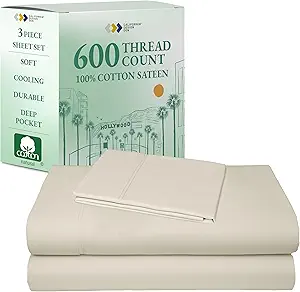 California Design Den Luxury Twin Sheet Set - 100% Cotton, 600 Thread Count Deep Pocket Twin Sheets, Soft Hotel-Quality Bedding with Sateen Weave - Ivory (Creamy Beige Tone)