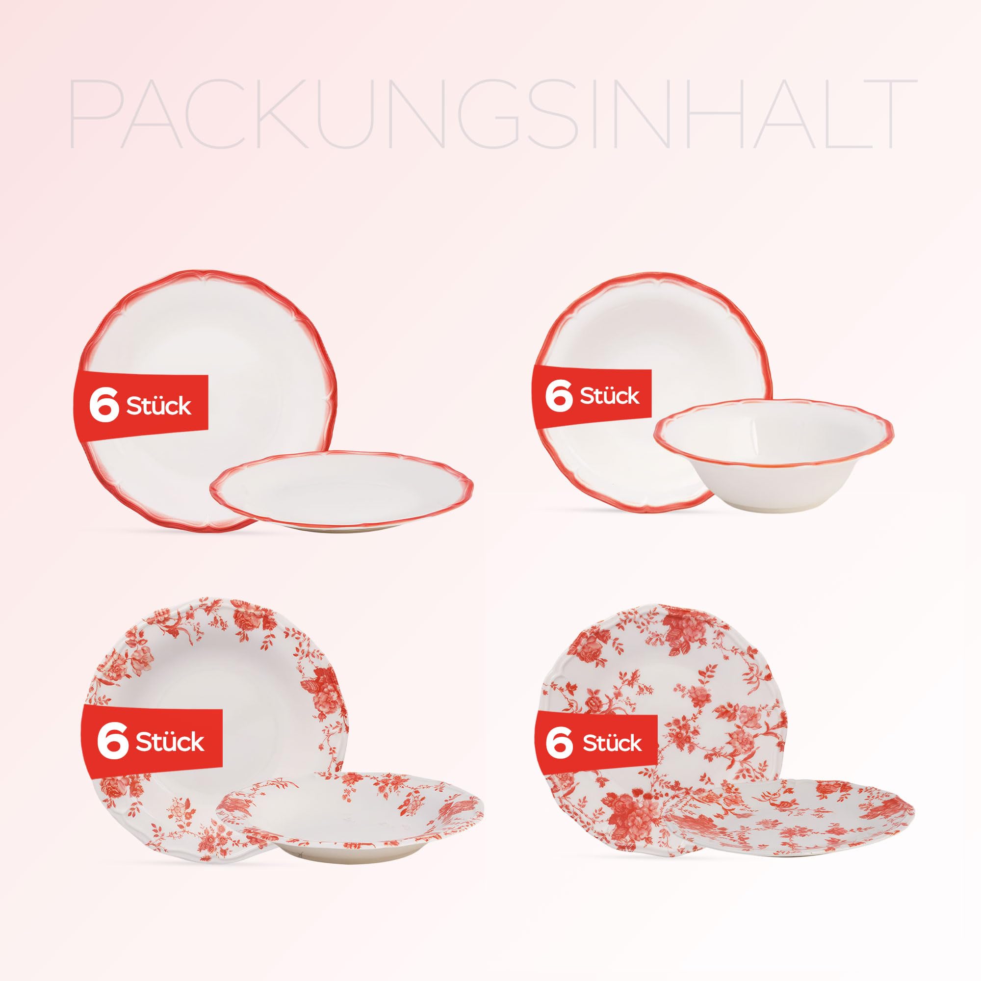 Nordic Schiller Tafelservice 24-teilig aus Porzellan für 6 Personen, Rot | 6 Speiseteller, 6 Suppenteller, 6 Dessertteller, 6 Kompottschalen, Modernes Geschirrset