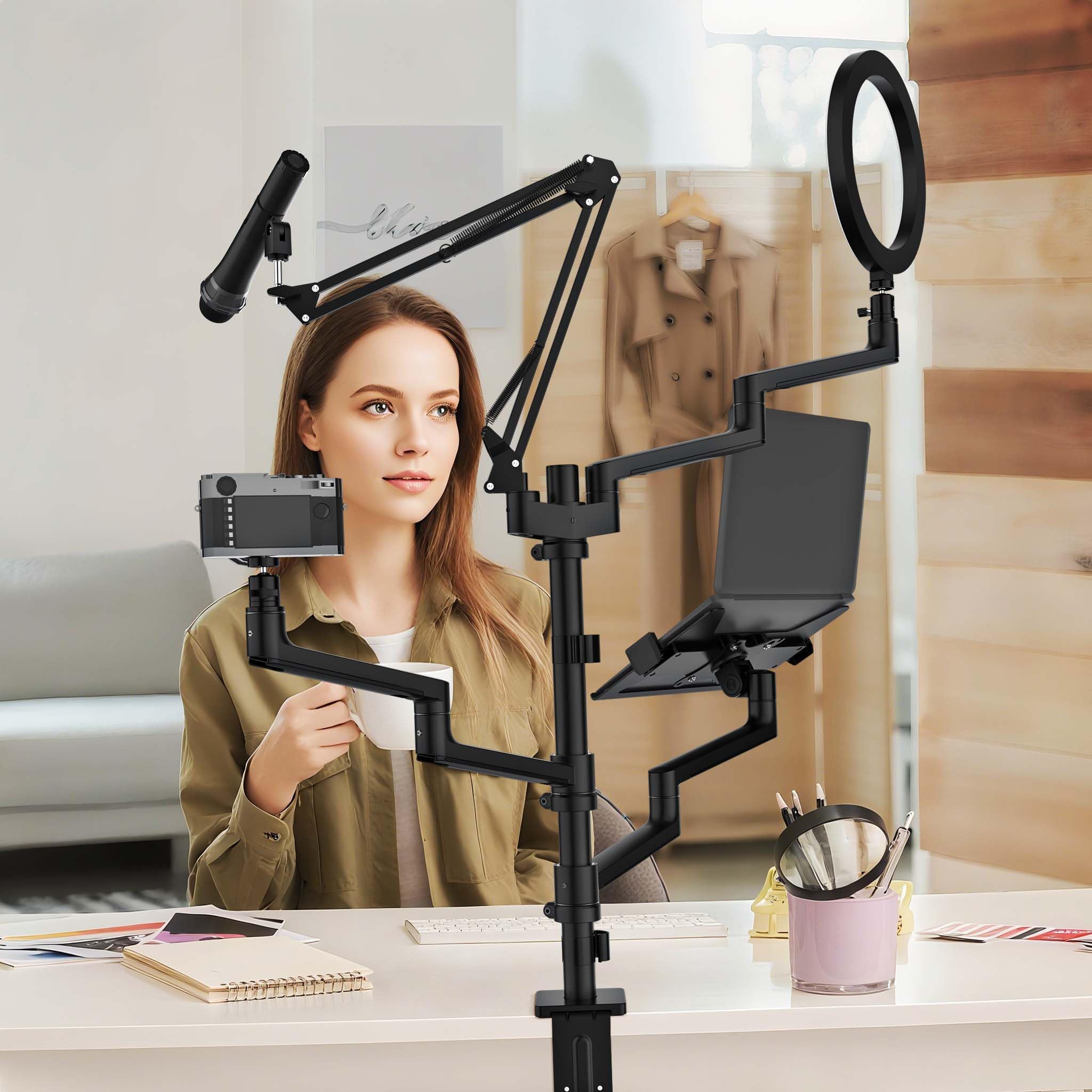 Wiltec 4 in 1 Tischstativ, Multifunktionales Kamera Stativ mit Tischklemme, Ringlicht mit Stativ 3 Farbmodi, Mobile Halterung für Streaming Setup