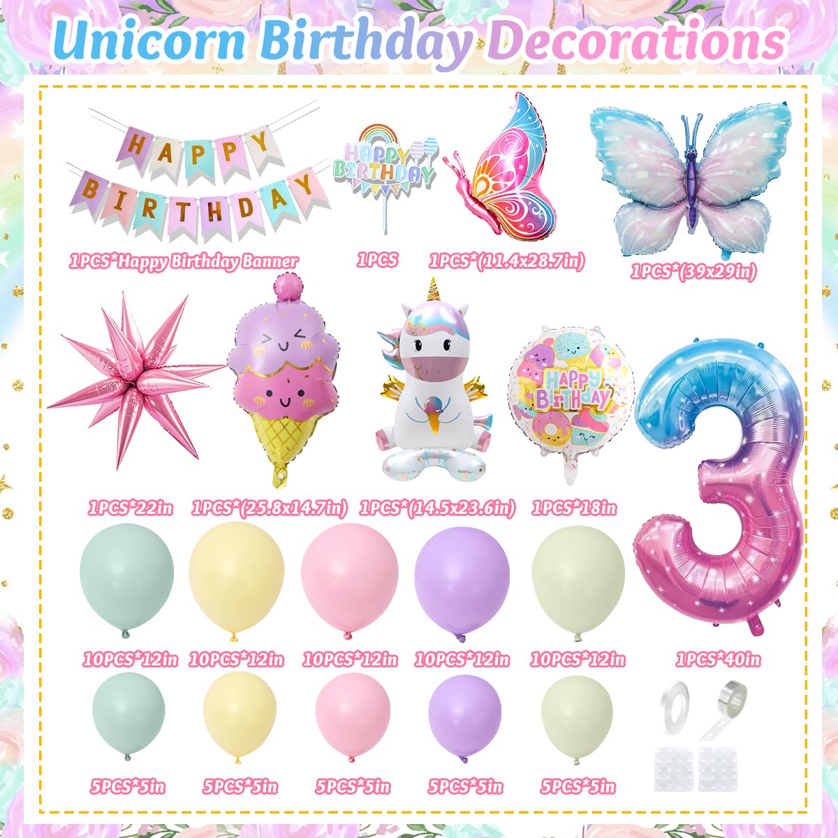 Décorations Anniversaire 3 Ans Filles - Thème Licorne Avec Ballons Forme Licorne Et Papillon - Fête Enfants