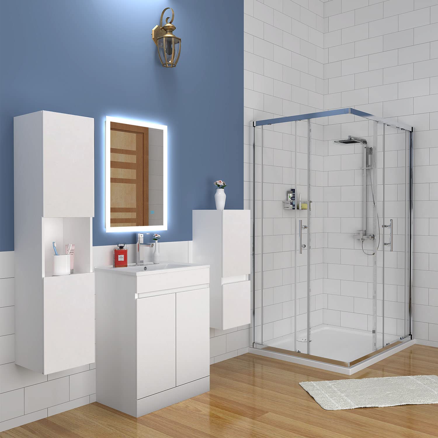 Aica Sanitär Waschtisch mit Unterschrank 60 cm Badmöbel Set mit Waschbecken Keramik dünn Gäste WC Weiß Matt