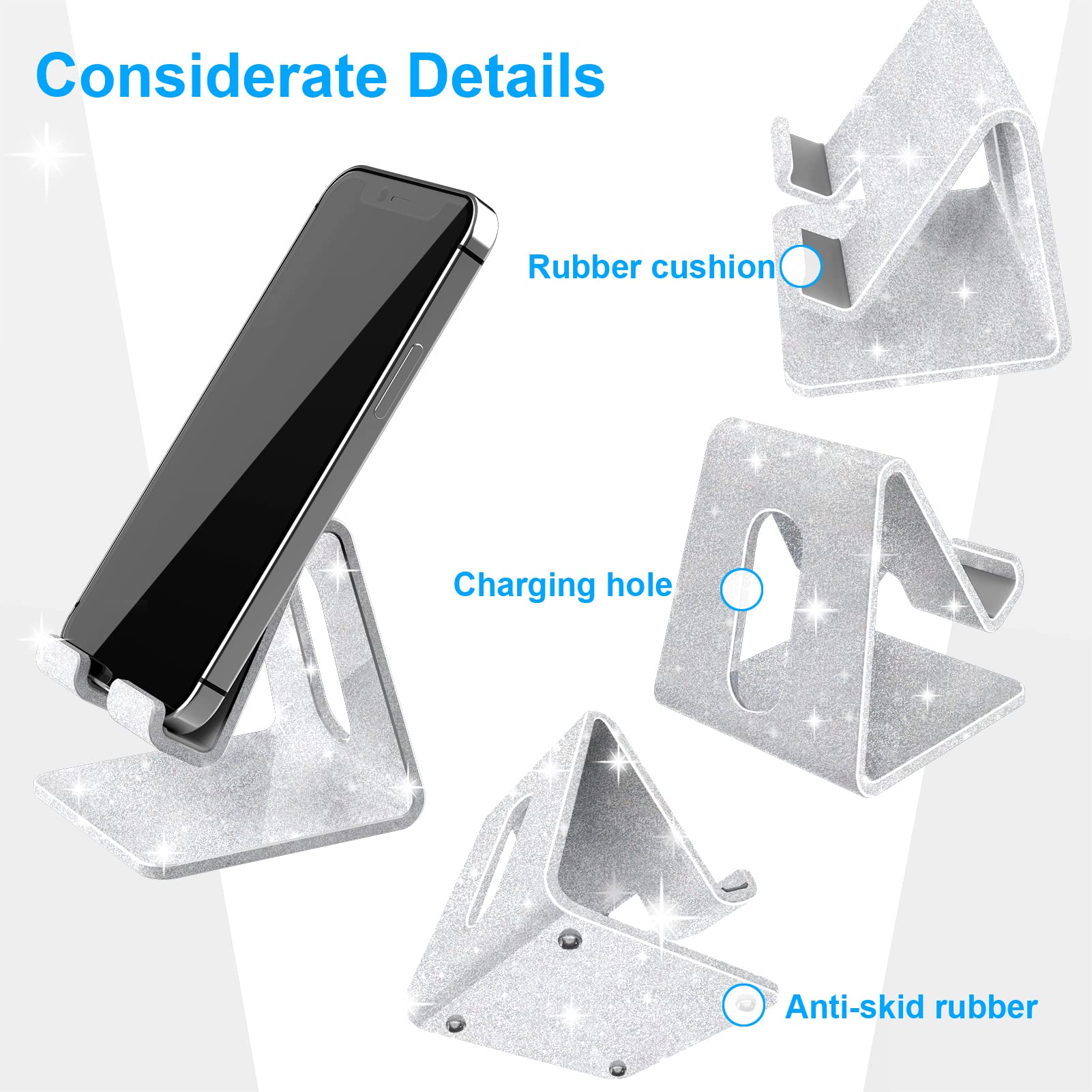 Crpich - Supporto per telefono cellulare in acrilico, compatibile con iPhone 16, 15, 14, 13, 12, Pro Max, Mini, 11, XR, Plus, SE, Switch, smartphone Android, pad, tablet, argento glitterato