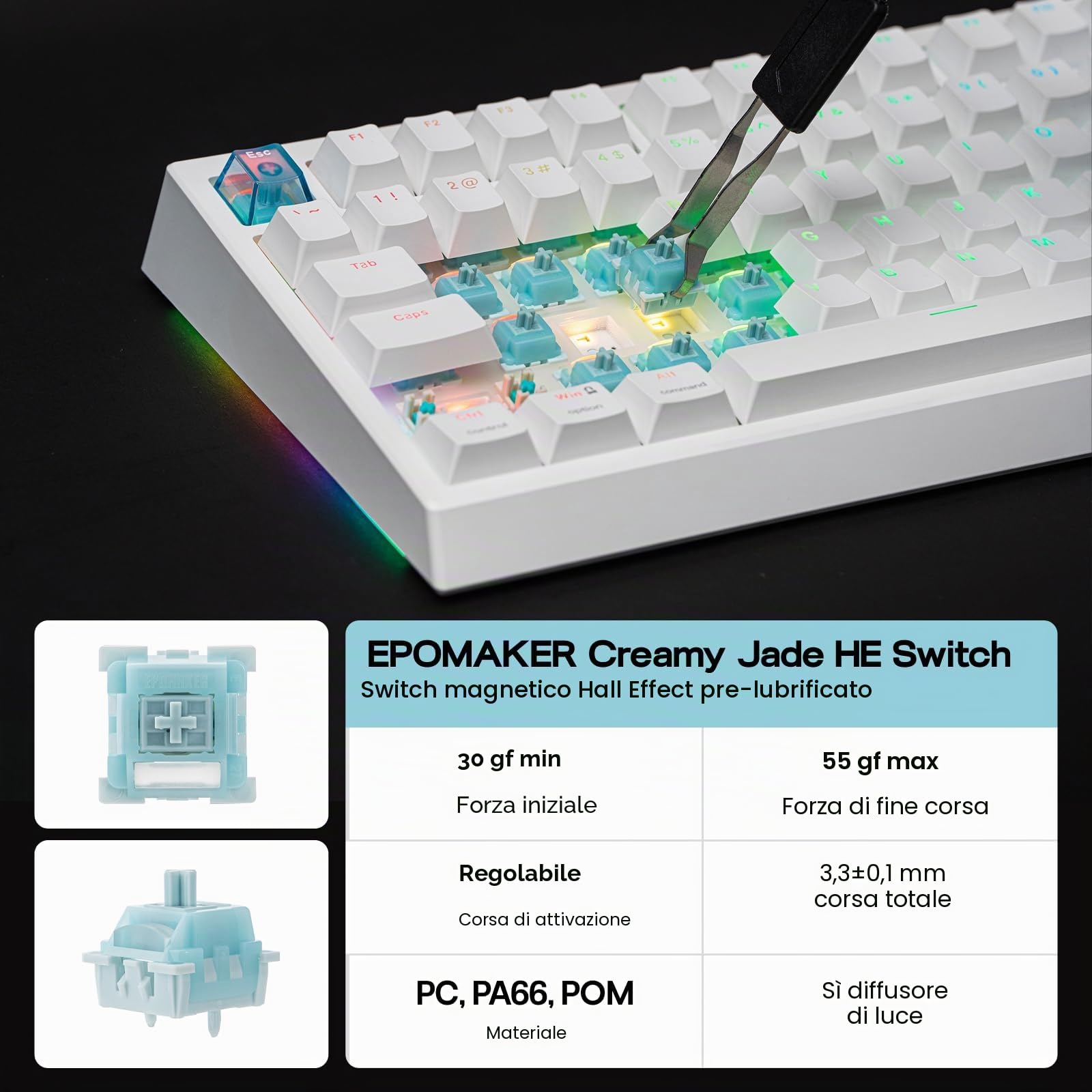 EPOMAKER G84 HE Tastiera da Gioco Wireless, 8K Polling & 8000mAh, SOCD & DKS, Tastiera ad effetto Hall con Trigger & Adjustable Actuation, RGB Backlit, PBT Keycap, Hot-Swap, per WIN/Mac (Bianco)