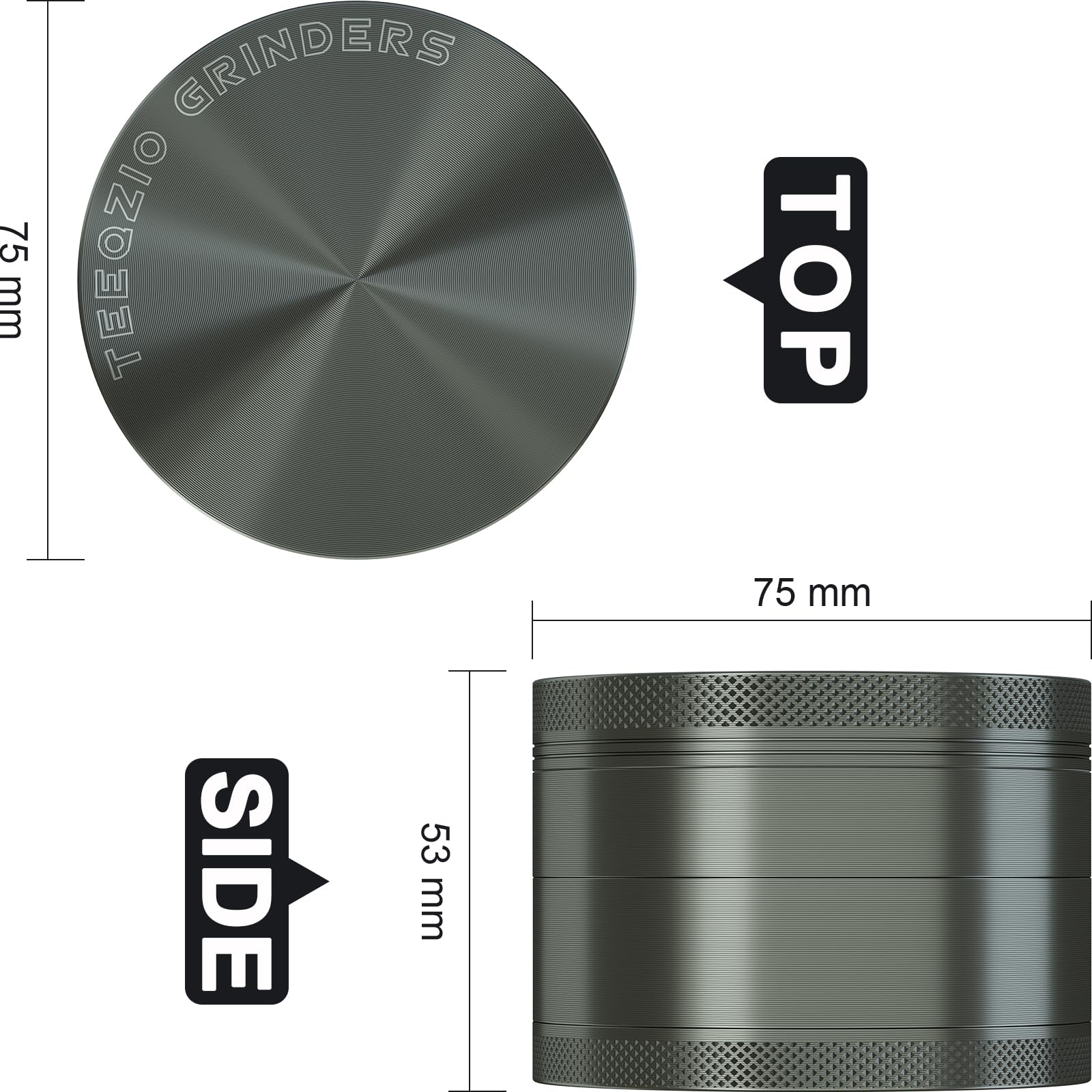 Spezie Erbe Grinder Polline Grinder Crusher Ø 75 mm in Lega di Alluminio - 4 Parti - Denti a Diamante, per Spezie, Erbe, Caffè con Raschietto & Spazzola (Grigio)