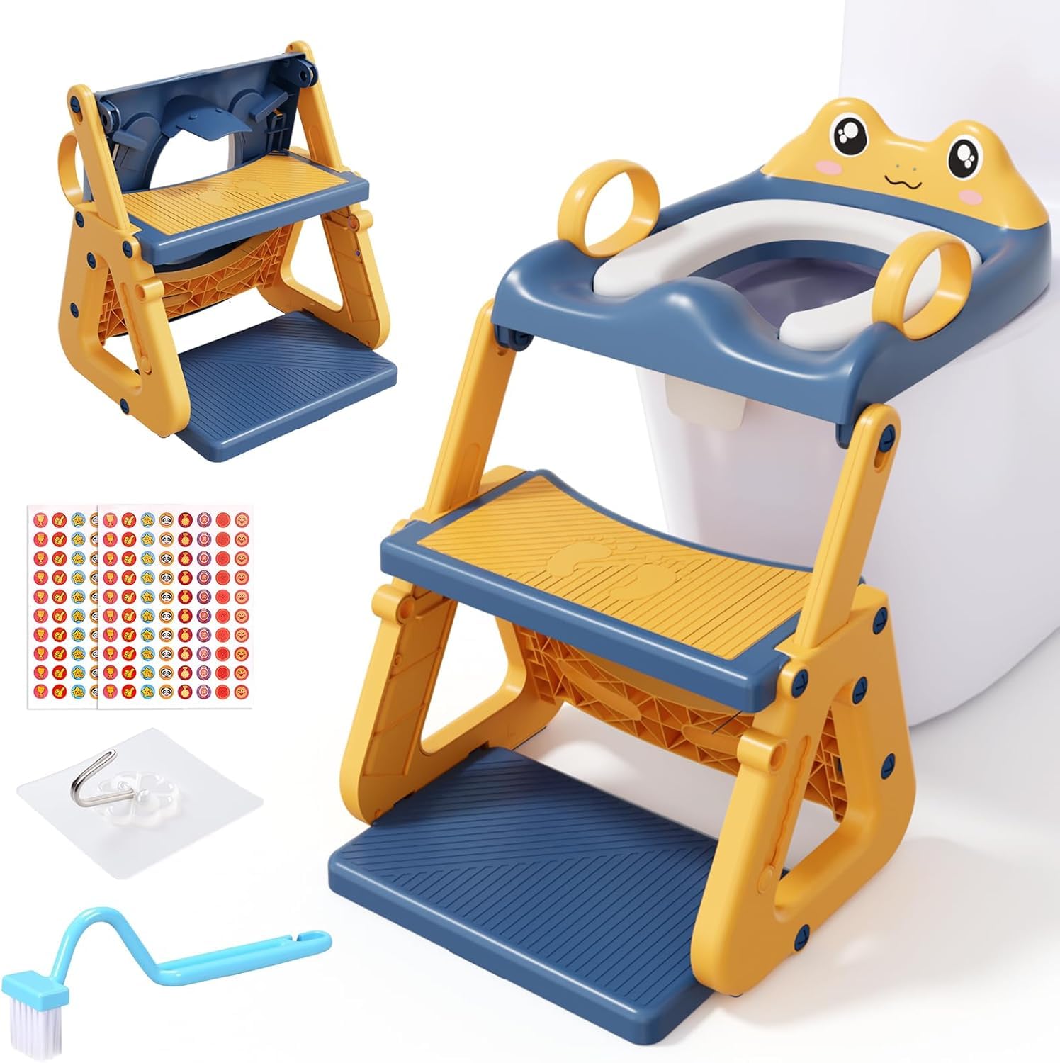 Riduttore Wc Bambini con Scaletta, Stabilizzare Scaletta Wc Per Bambini con Struttura a Triangolo,Scaletta Riduttore Wc per Bambini,Cuscino in PVC Impermeabile,Antiscivolo e Pieghevole,blu