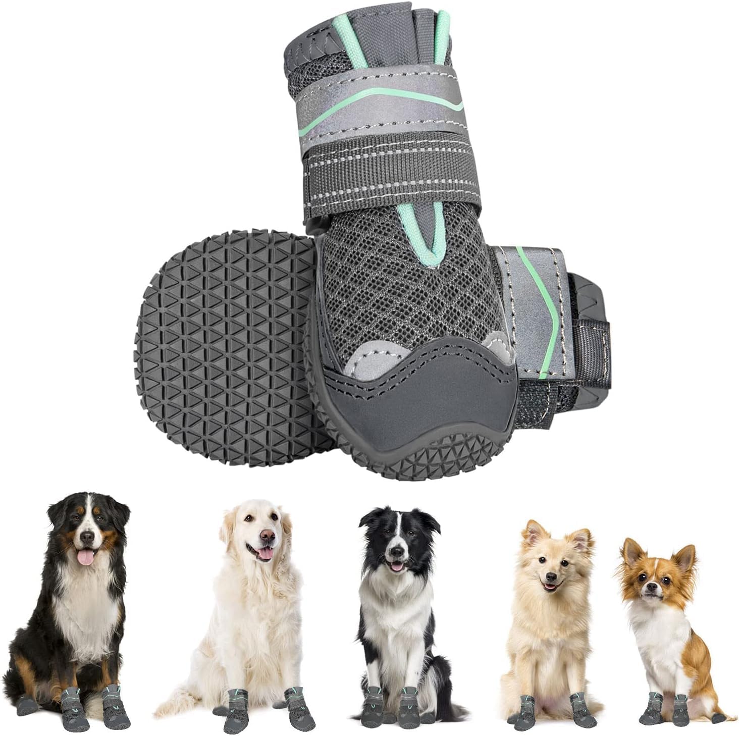 Eyein Dog Boots Paw Protector, Breathable Dog Boots for Injured Paws Waterproof, Dual Adjustable Washable Non-Slip Dog Shoes for Walking, Reflective Dog Shoes for Small Medium Large Dogs（2pcs）