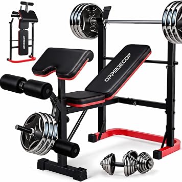 OPPSDECOR Foldable Weight Bench Set with Preacher Curl Pad and Squat Rack, 660LBS Adjustable Bench Press with Leg Extension and Leg Curl, Incline Decline Home Gym Bench for Women Teens Full Body Strength Training
