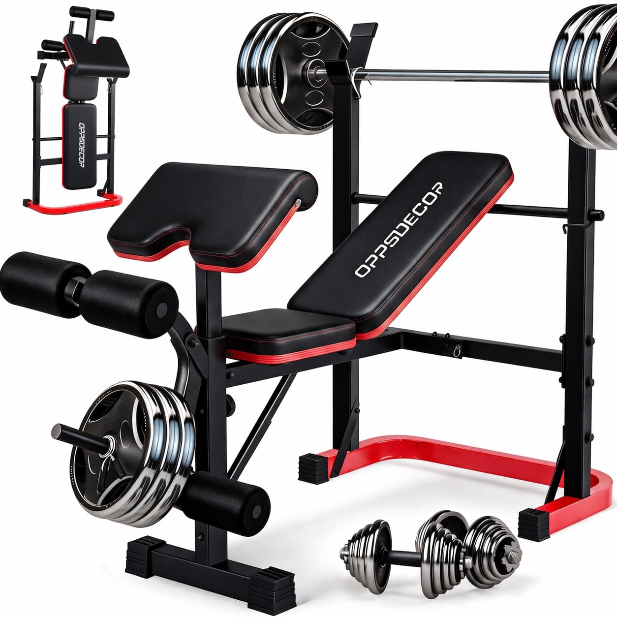 OPPSDECOR Foldable Weight Bench Set with Squat Rack and Preacher Curl Pad