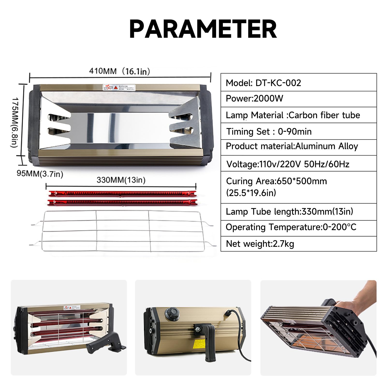 DATOUBOSS Lampada per polimerizzazione della vernice a infrarossi a onde corte da 2000 W, asciugatrice per riparazione carrozzeria auto, luce di cottura portatile, strumento per cabina spray per