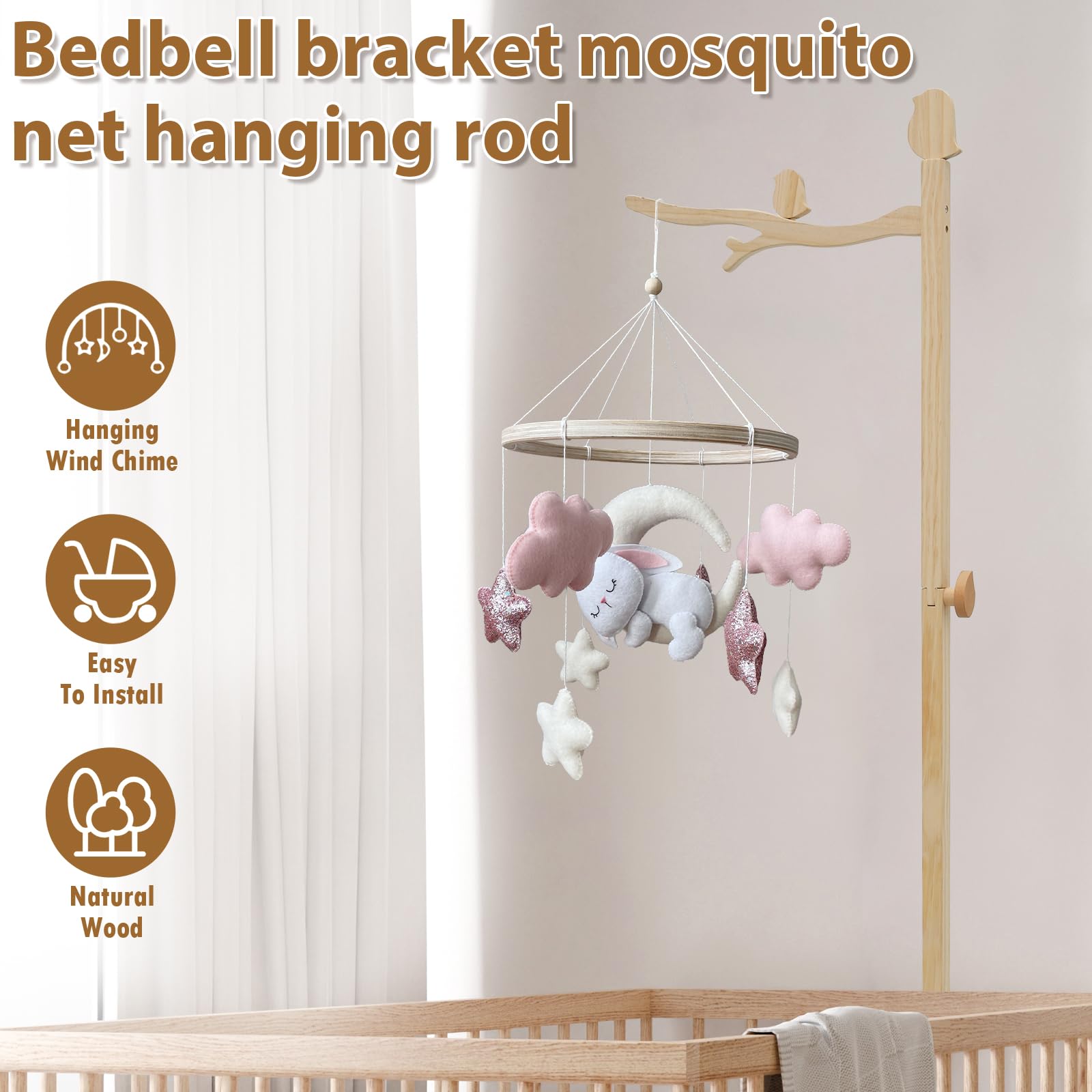 Mobile Halterung Holz für Babybett,135CM Stehend Verstellbarer Ständer Mobile Halterung für Babybett,Aufhängung Windspiele Bettglocke