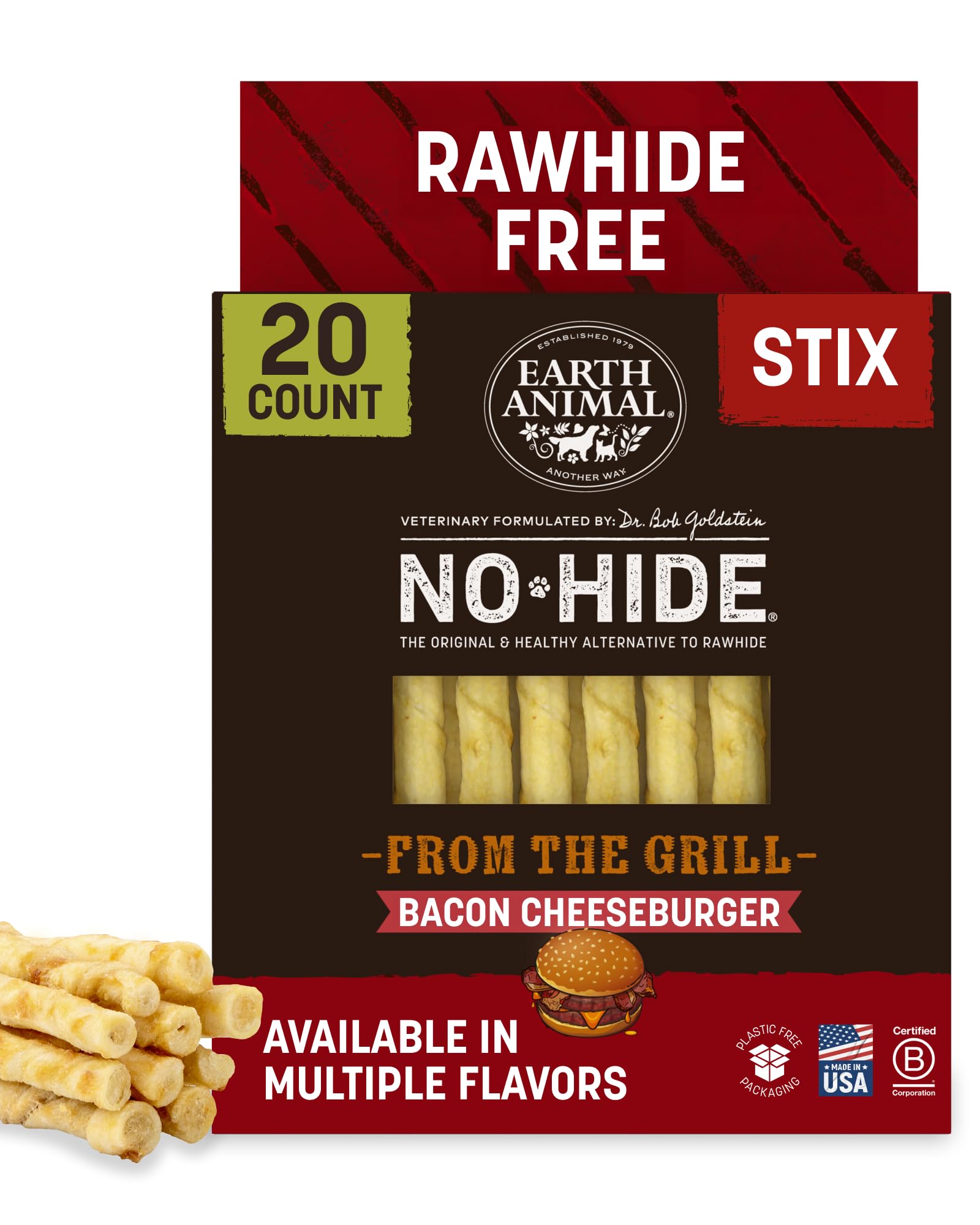 Earth Animal No Hide Stix - Small Dog Chews 20 Count Bacon Cheeseburger