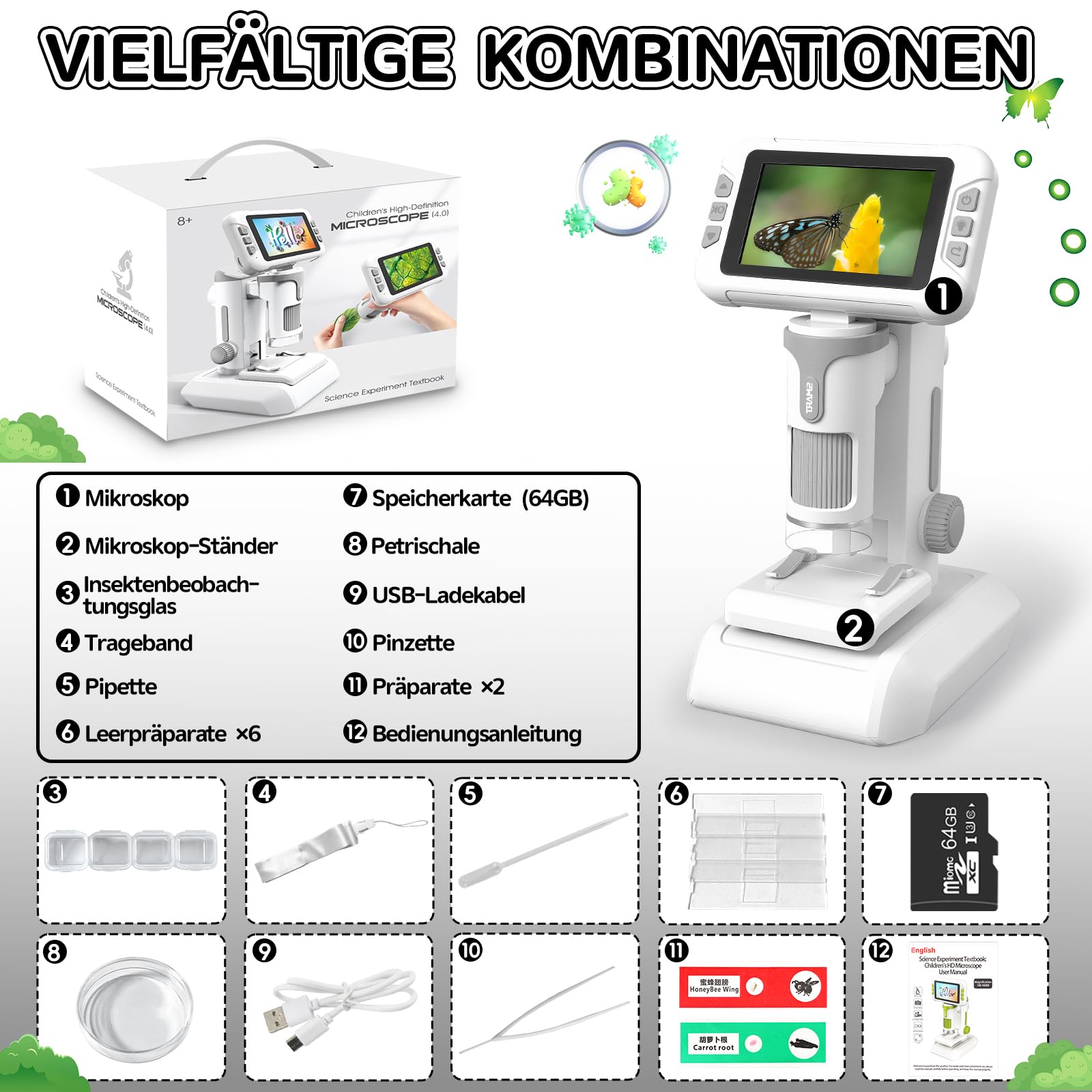 Charmofun Mikroskop für Kinder, Digitales Mikroskop mit 64GB Speicherkarte, Microscope for Kids mit 4 Zoll LCD-Display und 1600X Große Vergrößerung, Foto- und Videoaufnahme, Hand-und Stativfunktion