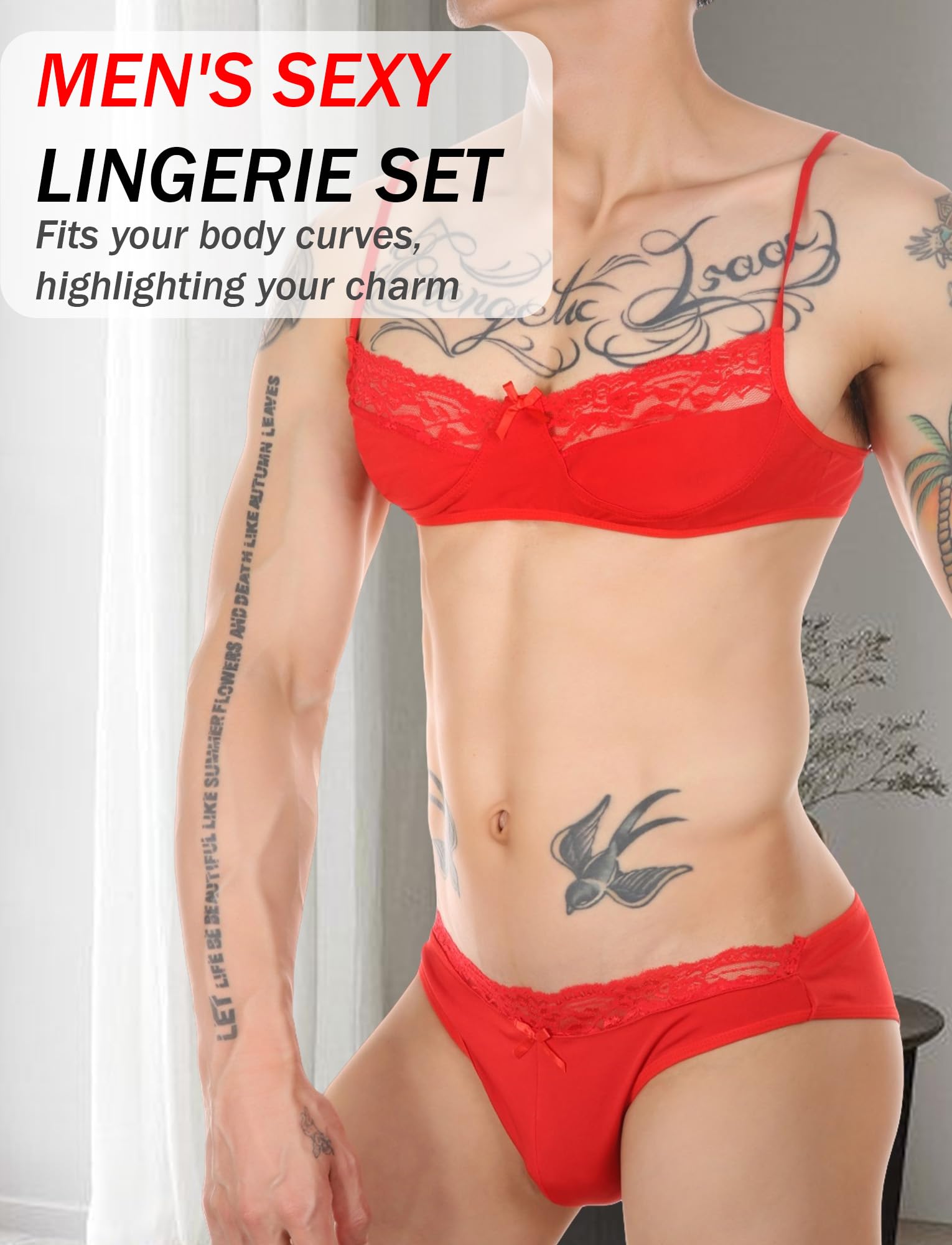 Happy Cherry Männer Bikini Crossdressing Dessous-Set Spitzen-BH Unterwäsche Set 2-Teilig