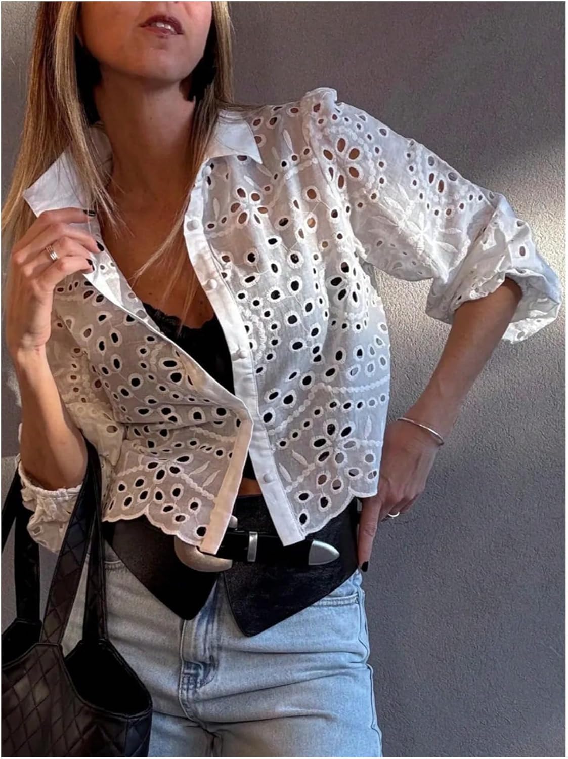 SHENHE Women's Boho Eyelet Blouse Button Down Long Sleeve Dressy Casual Going Out Top Shirt
