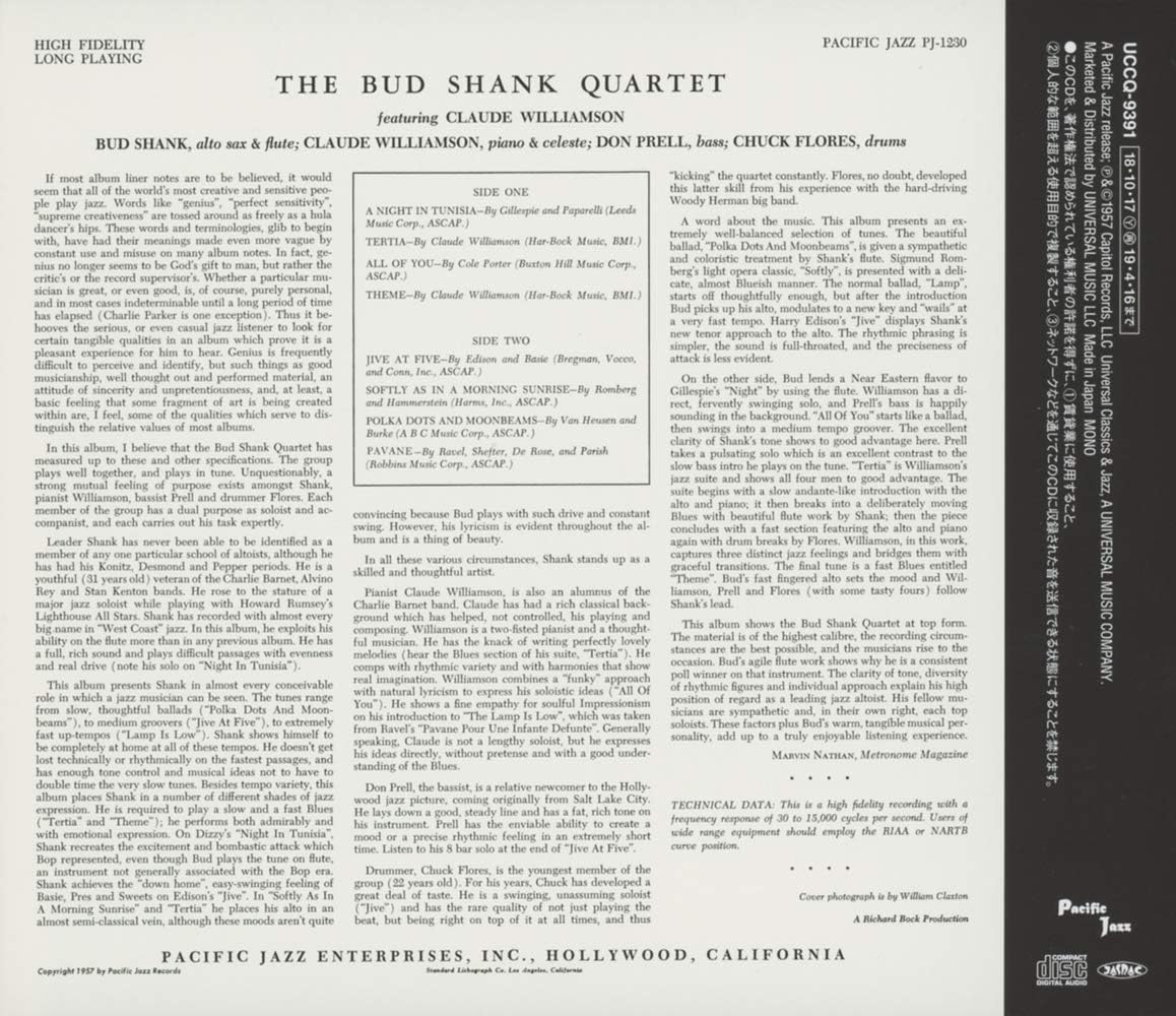 BUD SHANK QUARTET CLAUDE WILLIAMSON - Bud Shank Quartet Featuring Claude Williamson - Disque CD