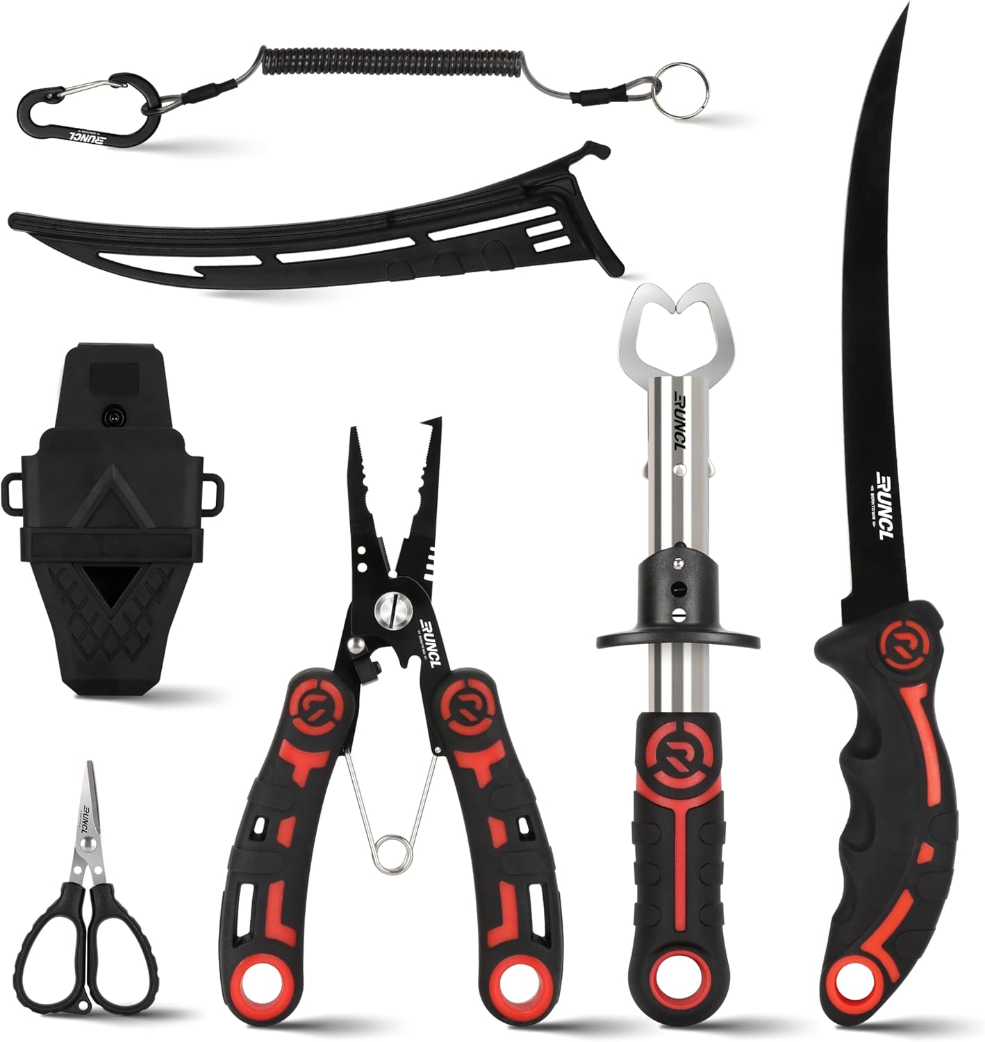 RUNCL 4pc Fishing Tool Kit- Fishing Pliers, Fish Fillet Knife with Sharpener, Fish Lip Gripper, Fishing Braid Scissors, Saltwater Fishing Gear and Equipment with Sheath/Lanyard, Fishing Gifts for Men