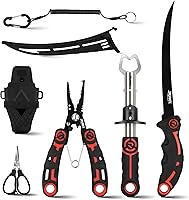 Vista 6 de RUNCL - Juego de herramientas de pesca de 4 piezas, alicates de pesca, cuchillo de filete de pescado con afilador, pinza de labios de pescado