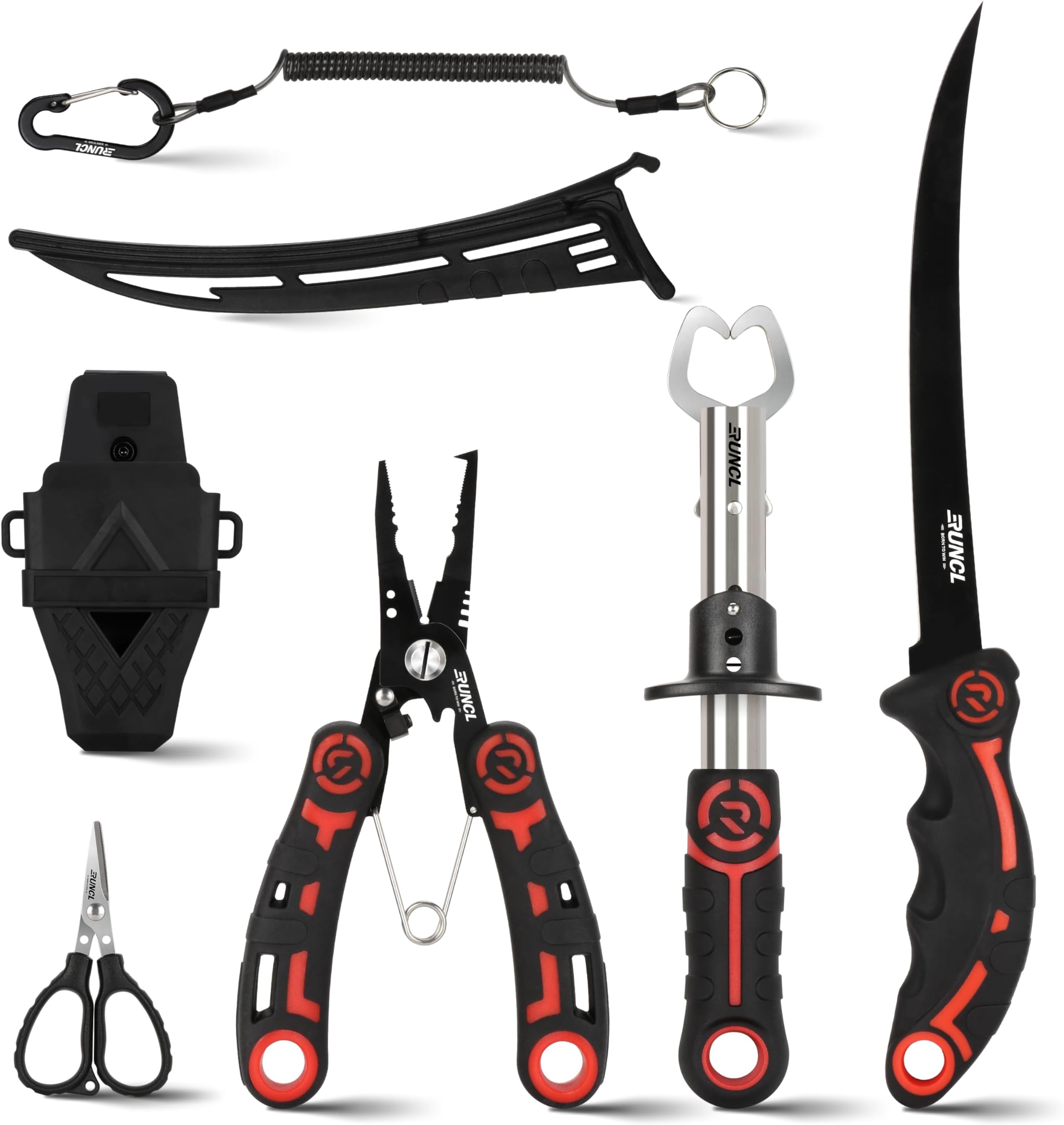 RUNCL 4pc Fishing Tool Kit- Fishing Pliers, Fish Fillet Knife with Sharpener, Fish Lip Gripper, Fishing Braid Scissors, Saltwater Fishing Gear and Equipment with Sheath/Lanyard, Fishing Gifts for Men