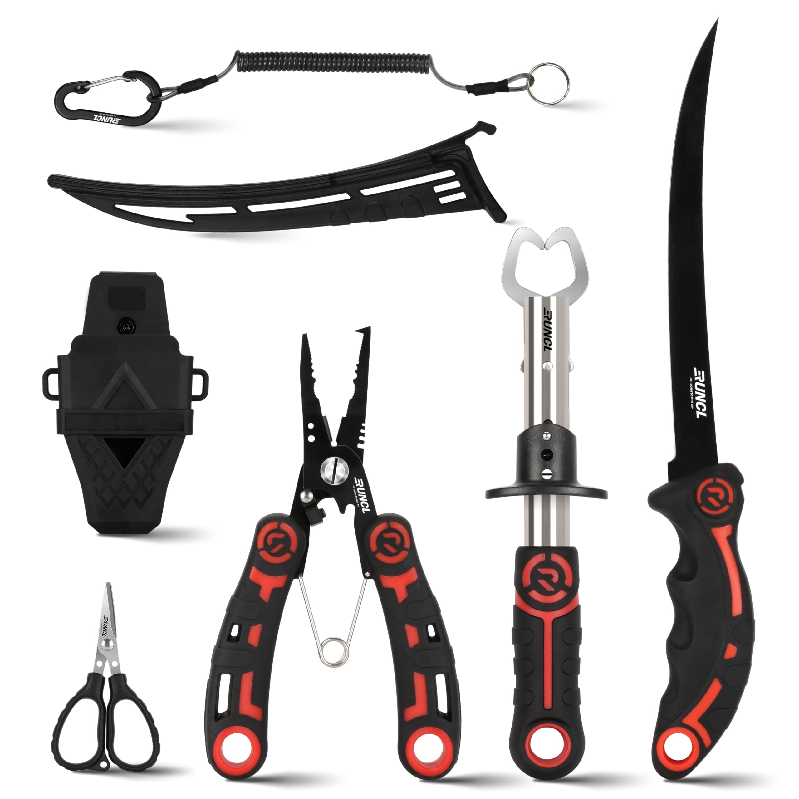 RUNCL 4pc Fishing Tool Kit- Fishing Pliers, Fish Fillet Knife with Sharpener, Fish Lip Gripper, Fishing Braid Scissors, Saltwater Fishing Gear and Equipment with Sheath/Lanyard, Fishing Gifts for Men