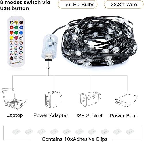 Miniatura 7 de Sanwo Guirnalda de luces LED que cambian de color, 32.8 pies, impermeable, con clips y temporizador, 16 modos de enchufe USB de 5 V, sincronización