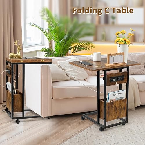 Miniatura 4 de Hadulcet Mesa auxiliar en forma de C con estación de carga y mesa plegable, mesa plegable para TV con almacenamiento, mesa para laptop para sofá,