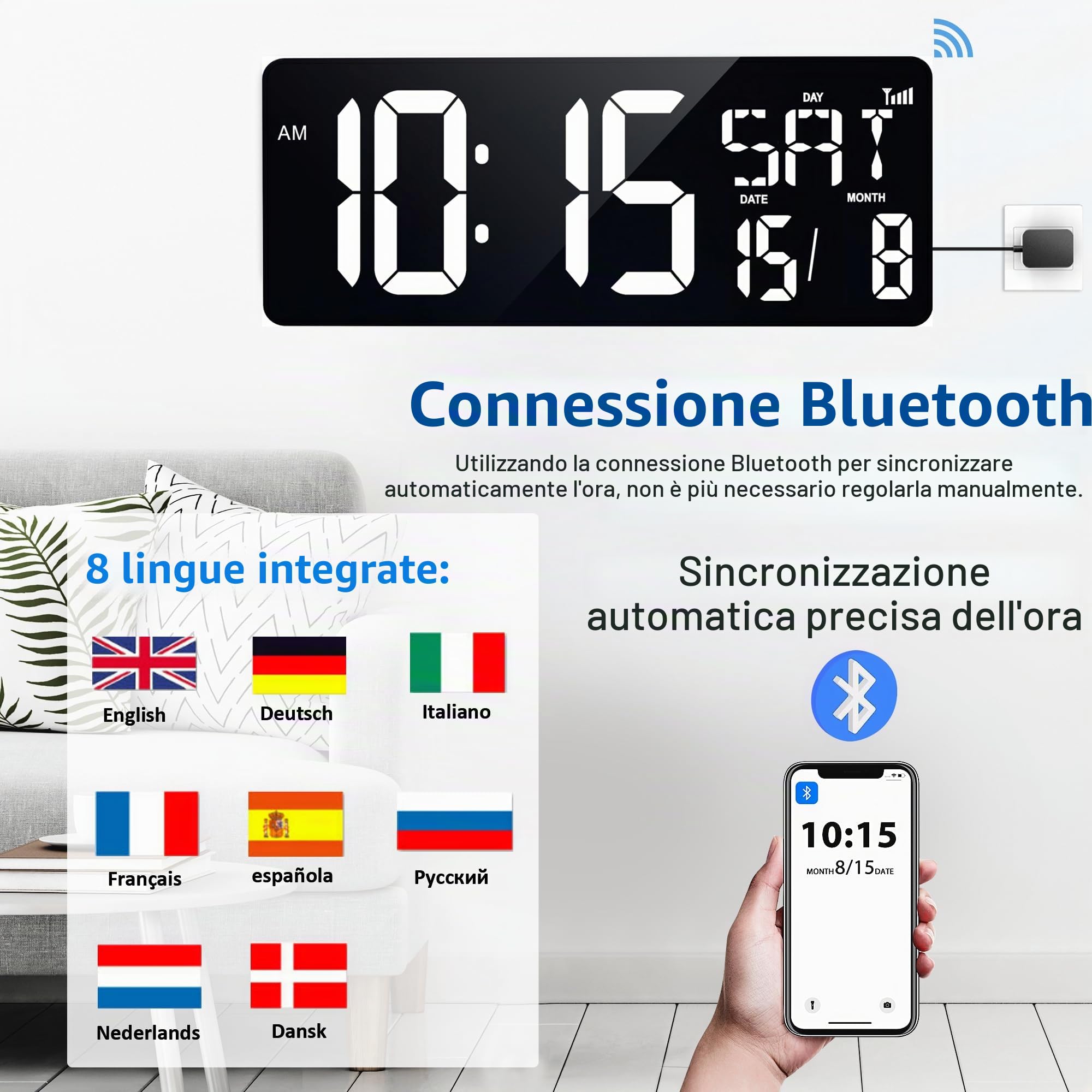 XREXS Orologio Parete 17'' LED Bianco Sincronizzazione Bluetooth | Luminosità regolabile, mostra ora, data e temperatura, calibrazione automatica, multifunzione per soggiorno e ufficio